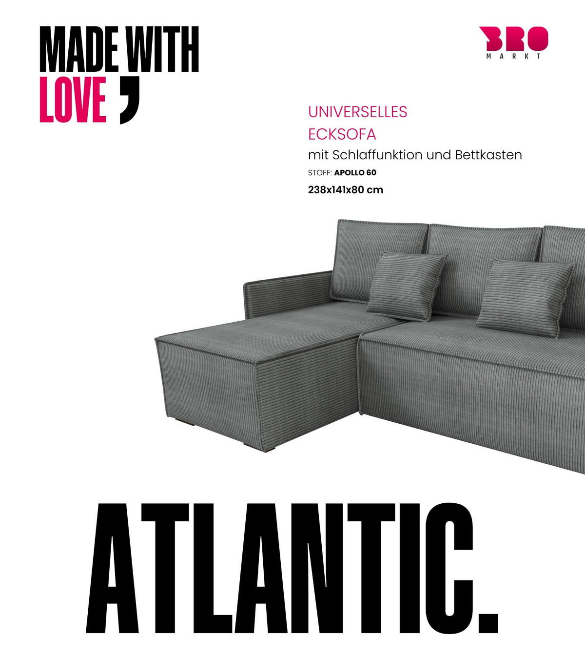 ECKSOFA Atlantic mit Schlaffunktion Grau Cord - Grau, Textil (238/141cm) - Bromarkt