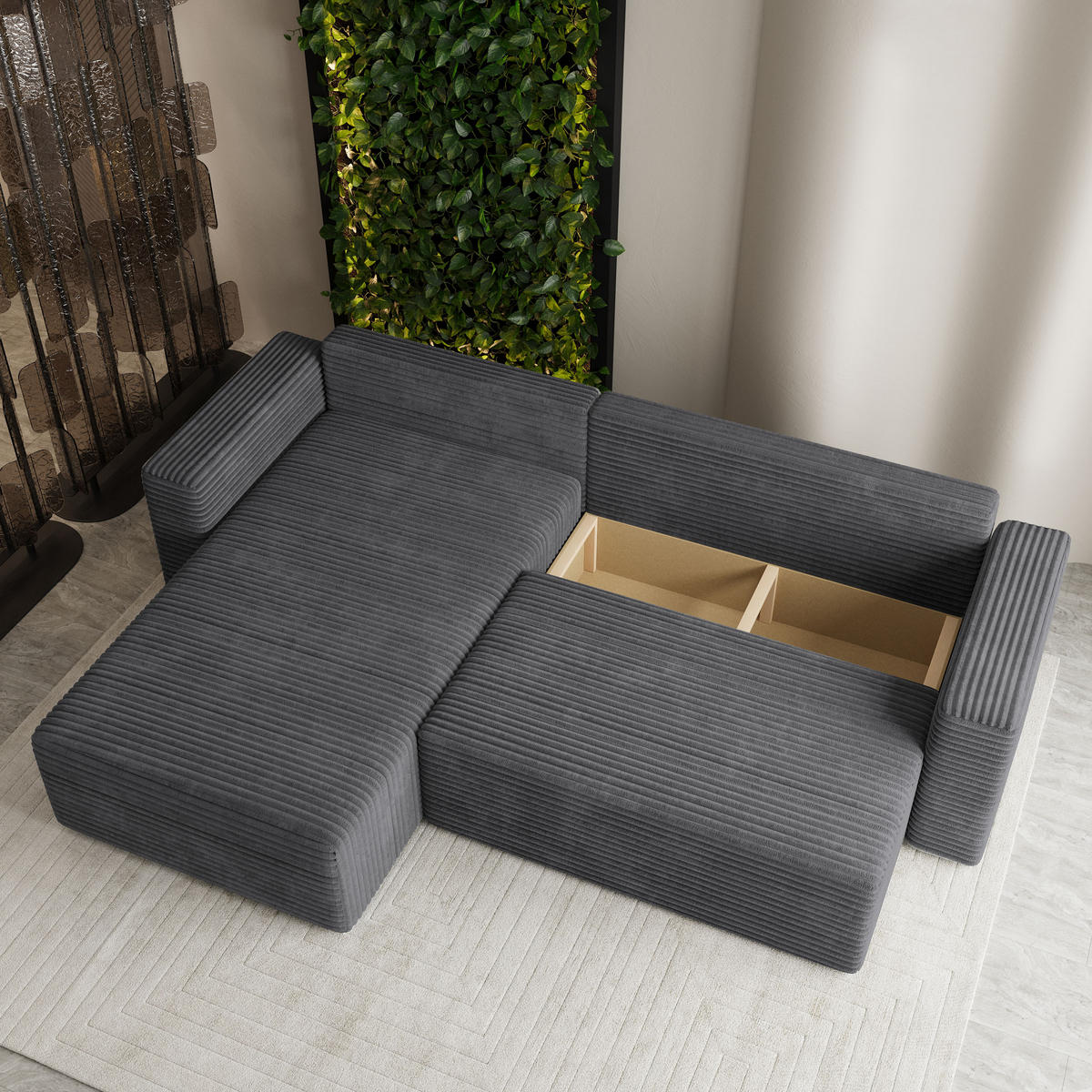 ECKSOFA CALTI T Grau Kordstoff mit Schlaffunktion - Grau, Holzwerkstoff/Textil (283/183cm) - MASSENO