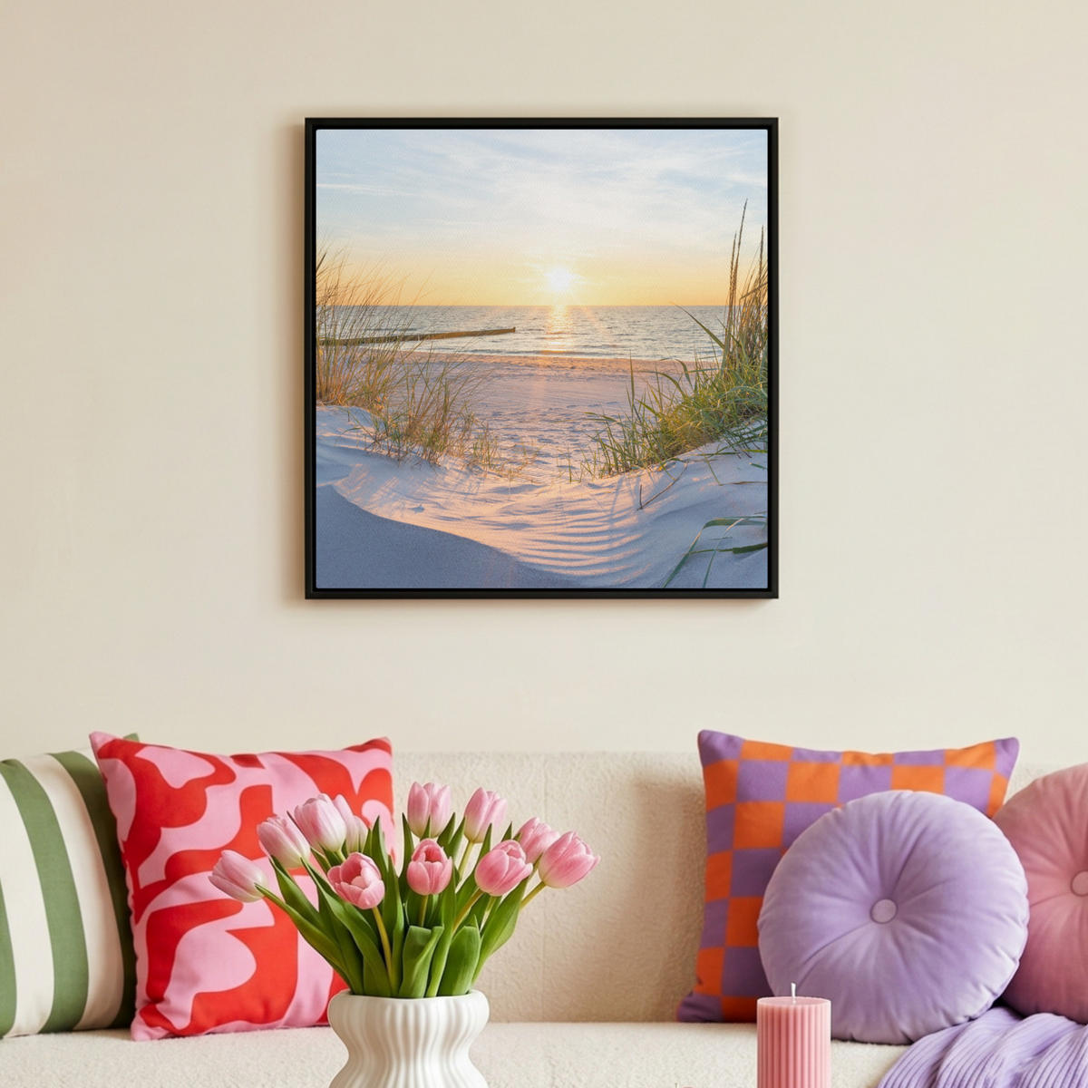 LEINWAND Bilder mit Rahmen - Strand - Sonne - Düne - Gras - Sand - Horizont - 50x50 - Hellblau, Textil (50/50cm) - MuchoWow