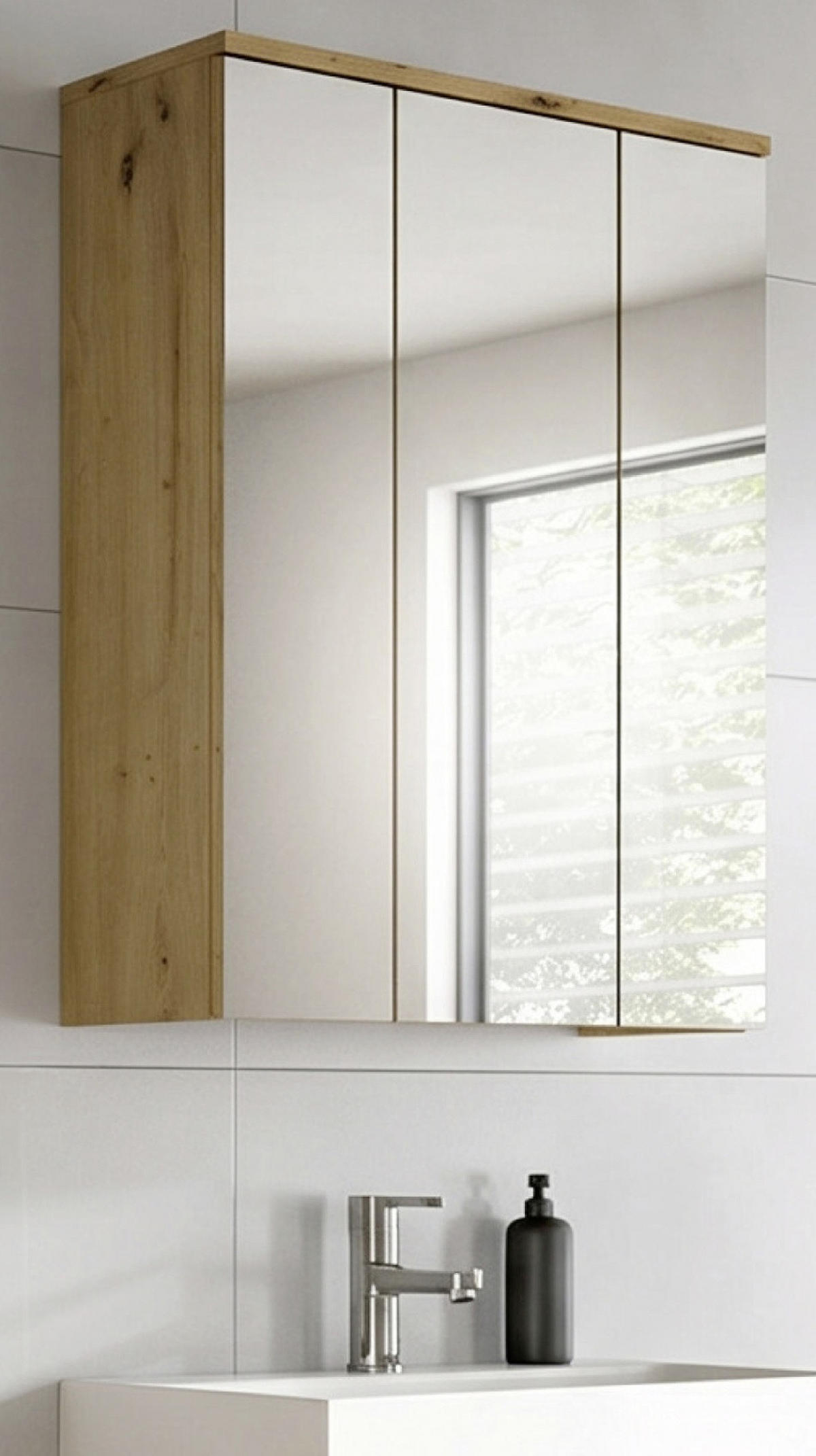 SPIEGELSCHRANK Eiche Artisan 60 x 77 cm, Badschrank 3-türig - Schwarz/Eiche Artisan, Glas/Holzwerkstoff (60/77/22cm) - Inn.Furn
