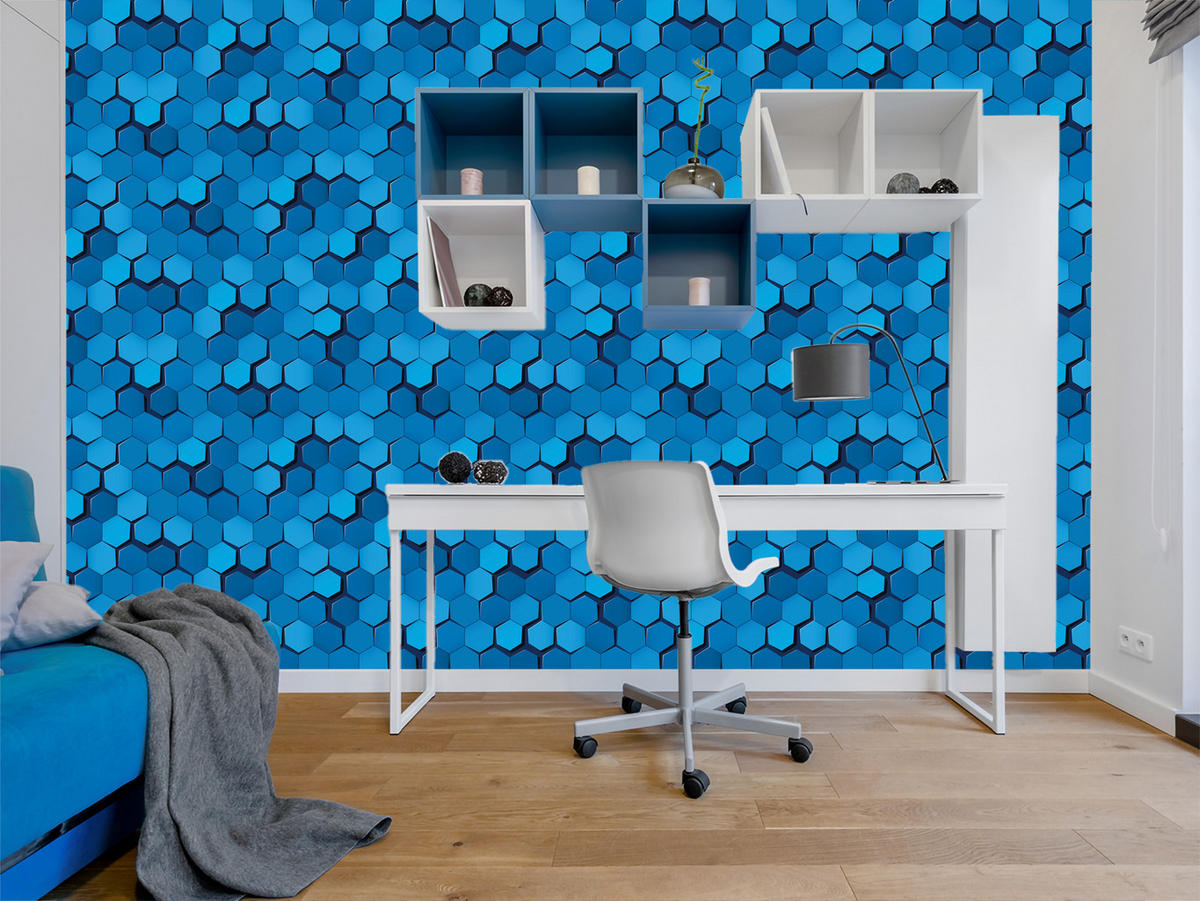 VLIESTAPETE Hexagone in 3D-Optik – Blau – 50x1000 cm - Blau, Papier (50/1000cm) - Muralo