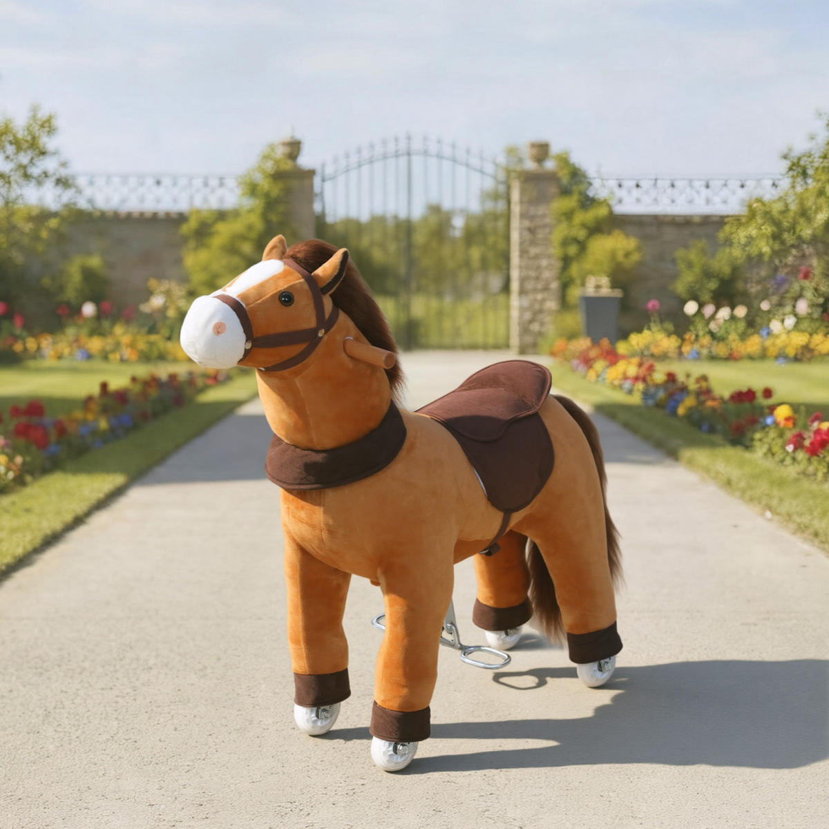 REITPFERD Spielpferd zum Reiten mit Sattel Rollen 75 cm Stehpferd Plüschpferd - Dunkelbraun, Textil (30/75/70cm) - AIYAPLAY