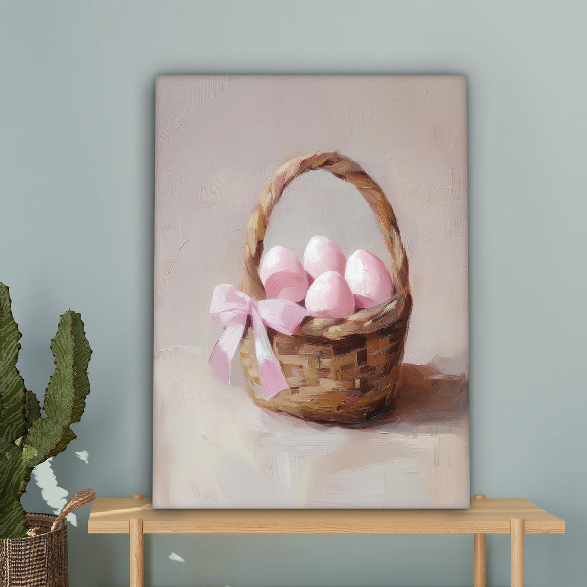 LEINWANDBILD Korb - Eier - Rosa Wandbild Wohnzimmer 60x80 cm - Beige, Textil (60/80cm) - MuchoWow