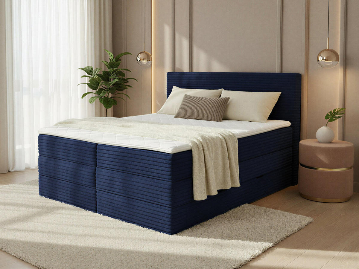 BOXSPRINGBETT Mollo Max - 160x200 - blau (Tilia 77, Cord) - Blau/Schwarz, Holz/Holzwerkstoff (160/200cm) - Sofnet