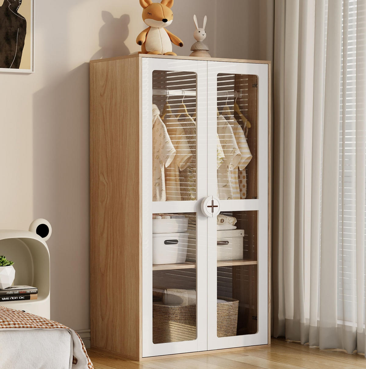 KLEIDERSCHRANK 80/50/150 cm in Natur/Weiß mit Acryltüren und verstellbaren Regalen - Naturfarben, Holzwerkstoff (80/150/50cm) - BEAOK