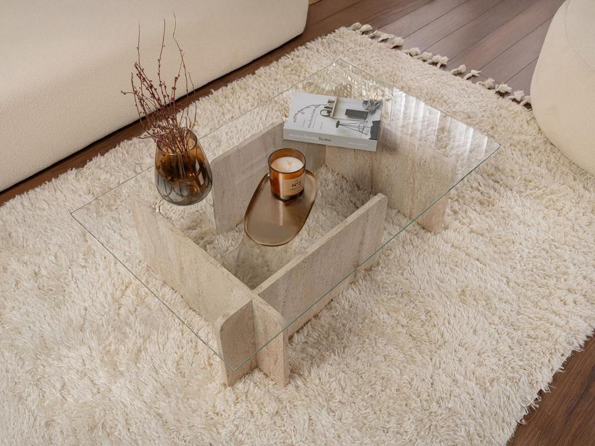 COUCHTISCH - Sicherheitsglas - Travertin-Optik - Beige & Transparent - AZRA - Transparent/Creme, Holz (105/65/30cm) - Vente-Unique
