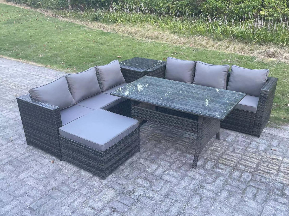 LOUNGEGARNITUR mit Fußschemel,Beistelltisch Polyrattan Dunkelgrau 6-Sitzer - Dunkelgrau/Grau, Glas/Kunststoff - Fimous