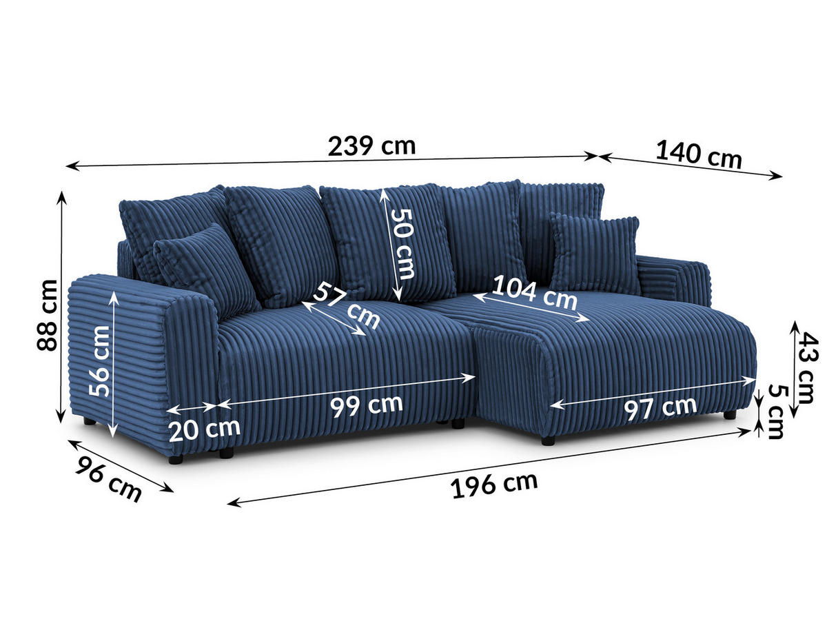 ECKSOFA Calma mit Schlaffunktion und Bettkasten im Bumpy-Design aus weichem Marineblau Plüschcord - Ottomane rechts - Blau/Schwarz, Holz/Kunststoff (140/239cm) - S-Style
