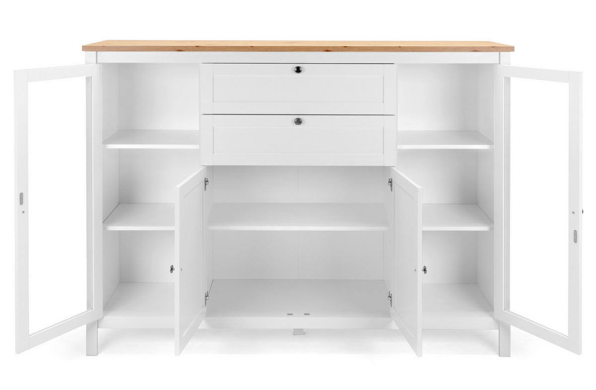 HIGHBOARD weiß, Artisan Eiche Landhaus, 160 cm, Kommode mit 8 Fächern - Silberfarben/Weiß, Holzwerkstoff/Metall (160/120/40cm) - Furn.Design