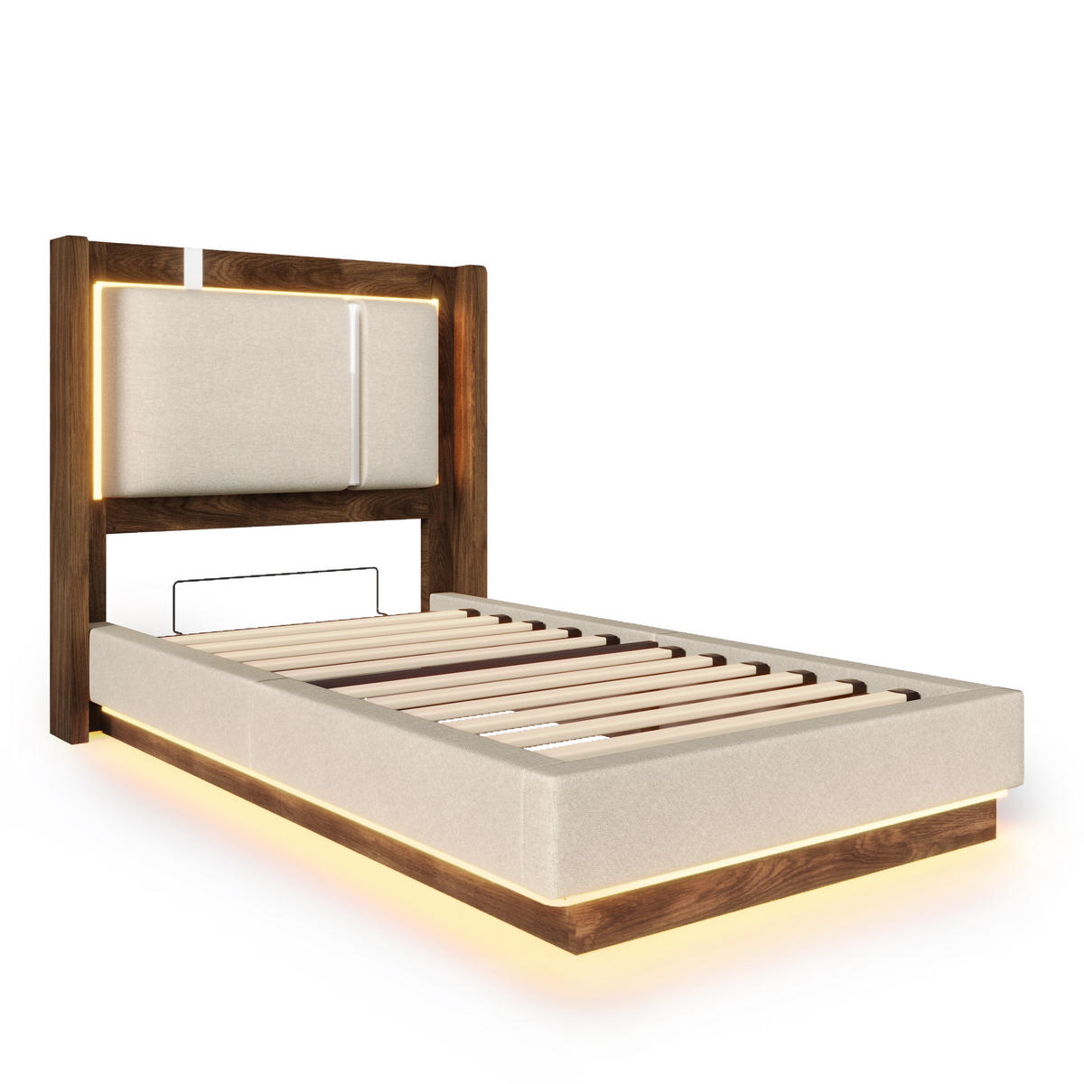 BETT mit Bettkasten LED 90x200 cm Leinen Beige - Beige, Holzwerkstoff (90/200cm) - Meubliv