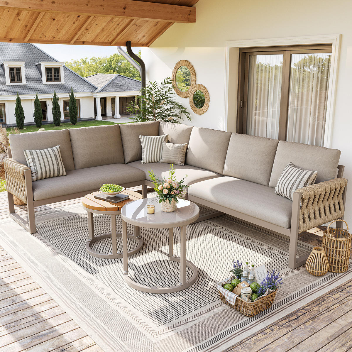 LOUNGESET Modular 5-6 Personen Beige Mit Verstellbaren Füßen - Beige, Metall - FLIEKS