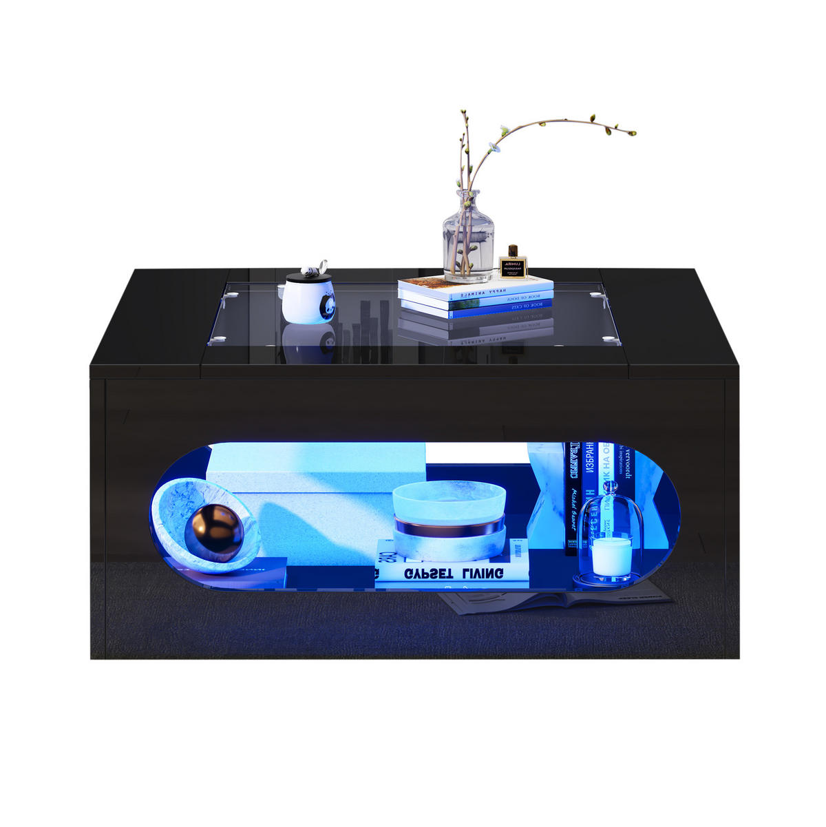 COUCHTISCH 70/70/35 cm mit LED-Beleuchtung, Glasplatte und Stauraum, MDF, Schwarz - Schwarz, Holzwerkstoff (70/70/35cm) - Redom