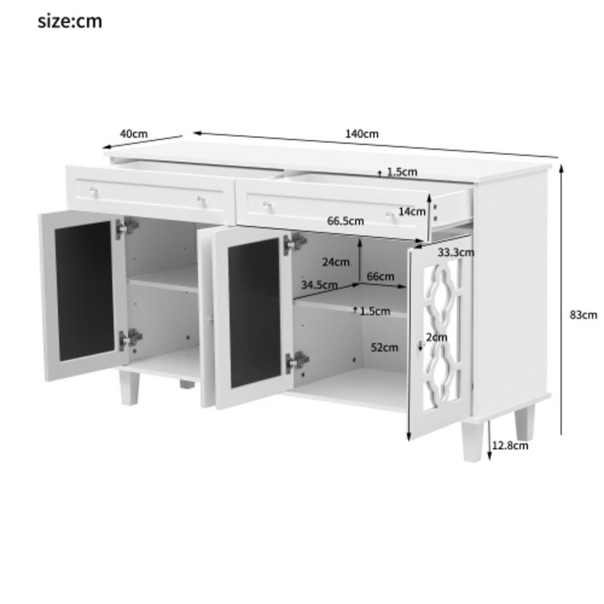 SIDEBOARD Weiß aus MDF mit Spiegeltüren und kristallförmigen Griffen 140×40×83 cm - Weiß, Holzwerkstoff (140/83/40cm) - Luhomfu