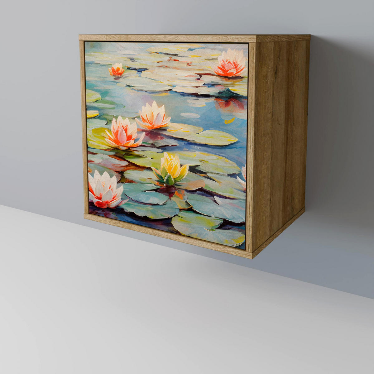 SIDEBOARD BLOOMING WATERS, Eichefarben, 57,5x42x72,5 cm, Schwarze Metallfüße - Eichefarben/Multicolor, Holzwerkstoff/Metall (57.5/72.5/42cm) - SpaceRebels
