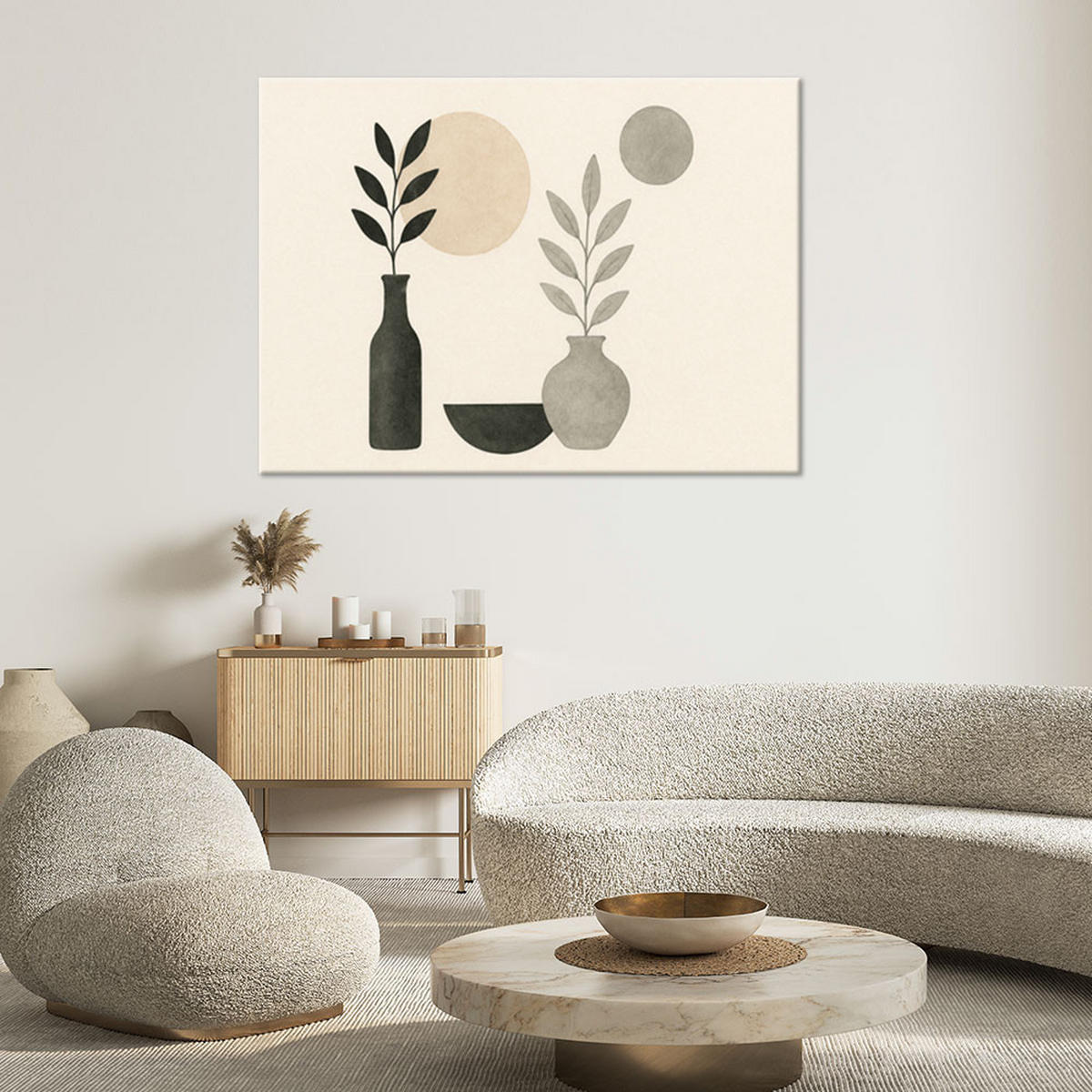 LEINWANDBILD Vasen Blätter Minimalismus 120x80cm - Beige, Textil (120/80cm) - Feeby