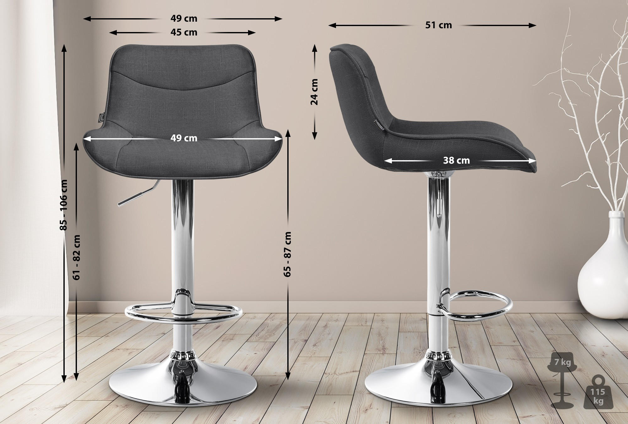 BARHOCKER 2er-Set TAMPA Dunkelgrau Stoff Chrom - Dunkelgrau, Textil/Metall (49/85/51cm) - DELUKE