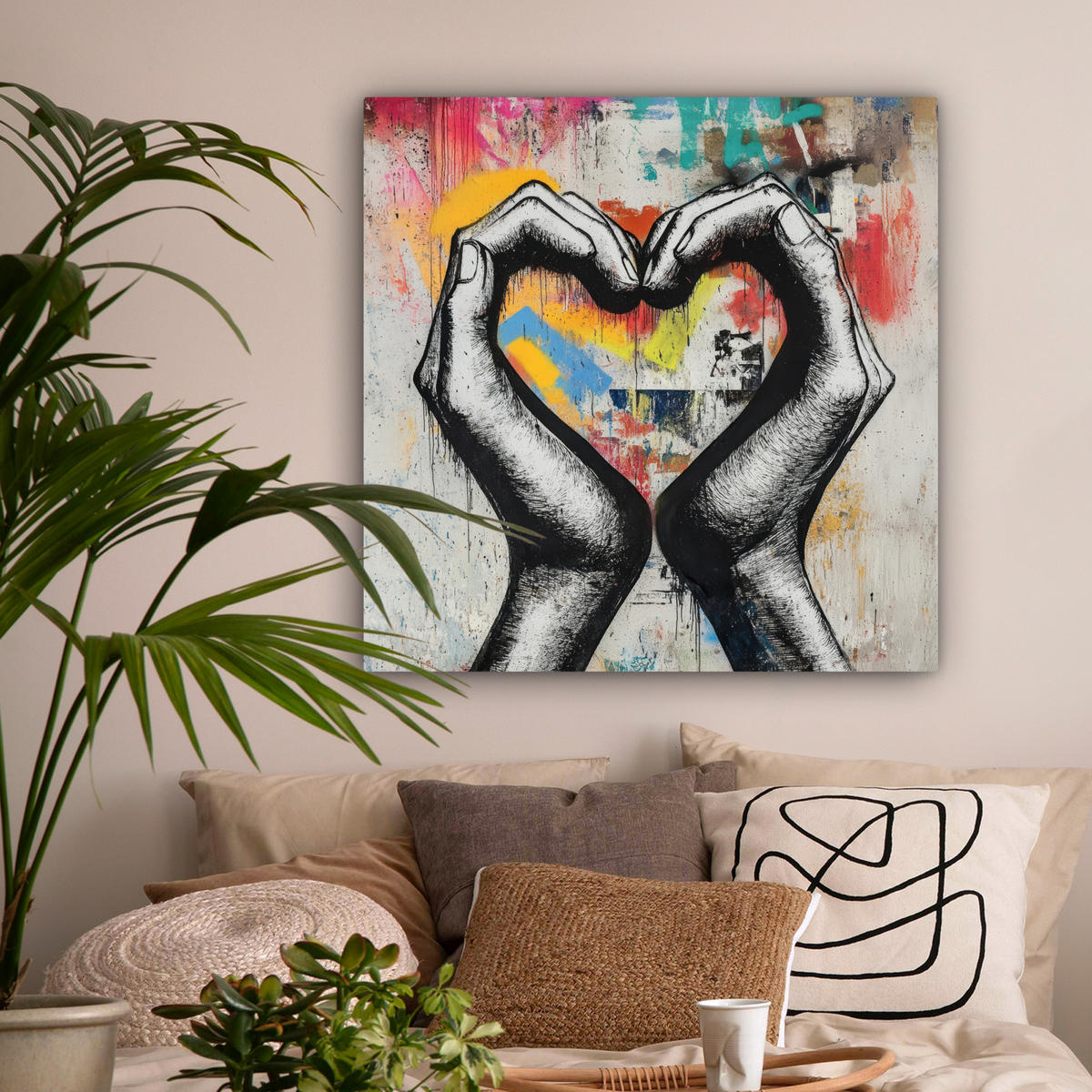 LEINWANDBILD - Hände - Herz - Straßenkunst - Graffiti - 90x90 - Gemälde - Multicolor, Textil (90/90cm) - MuchoWow