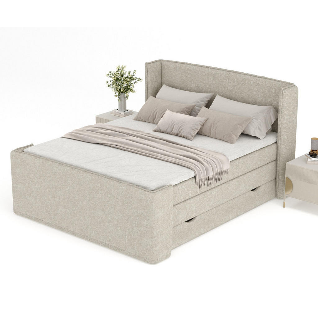 Thumbnail - Maison de Reve Boxspringbett, Beige, Grau, Textil, Buche, Kiefer, H3, Höhe ca. 37 cm, 180x200 cm, Oeko-Tex® Standard 100...