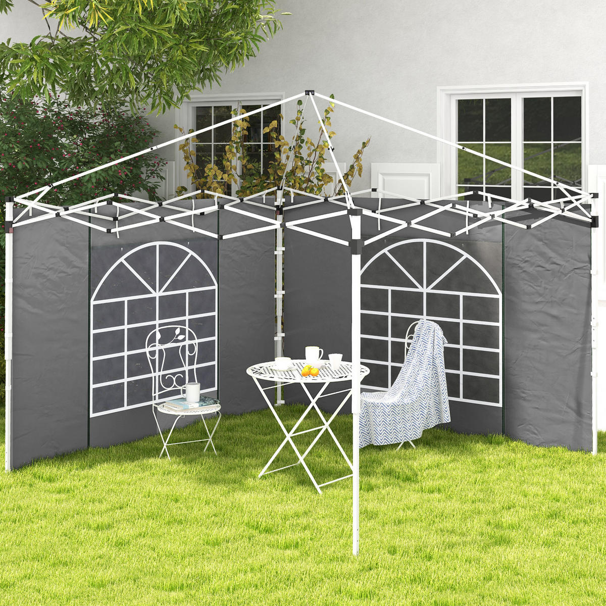 2 Seitenteile Seitenwände für 3x3/3x6m Pavillon, Seitenplanen mit Fenster, Tür - Hellgrau, Textil (1/195/295cm) - Outsunny
