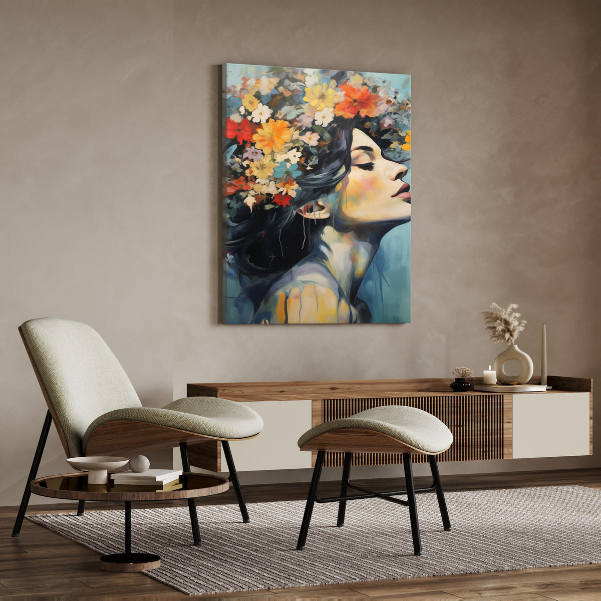 LEINWANDBILD Frau Porträt Gesicht Blumen 50x70 - Blau/Beige, Textil (50/70cm) - Muralo