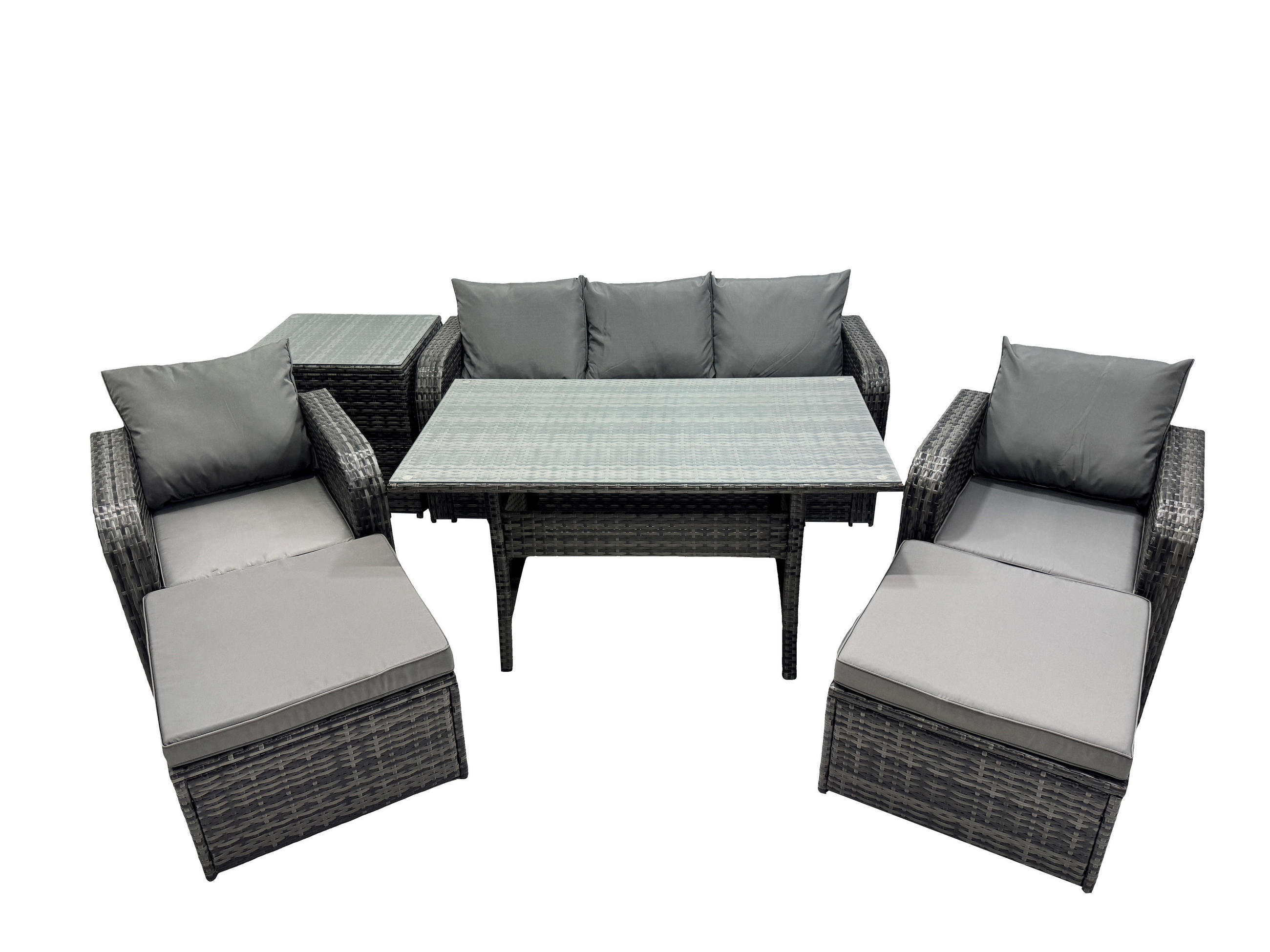 GARTENSET mit 3-Sitzer-Sofa,Hockern,Esstisch Polyrattan 7-Sitzer - Dunkelgrau/Grau, Glas/Kunststoff - Fimous