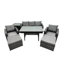 GARTENSET mit 3-Sitzer-Sofa,Hockern,Esstisch Polyrattan 7-Sitzer - Dunkelgrau/Grau, Glas/Kunststoff - Fimous