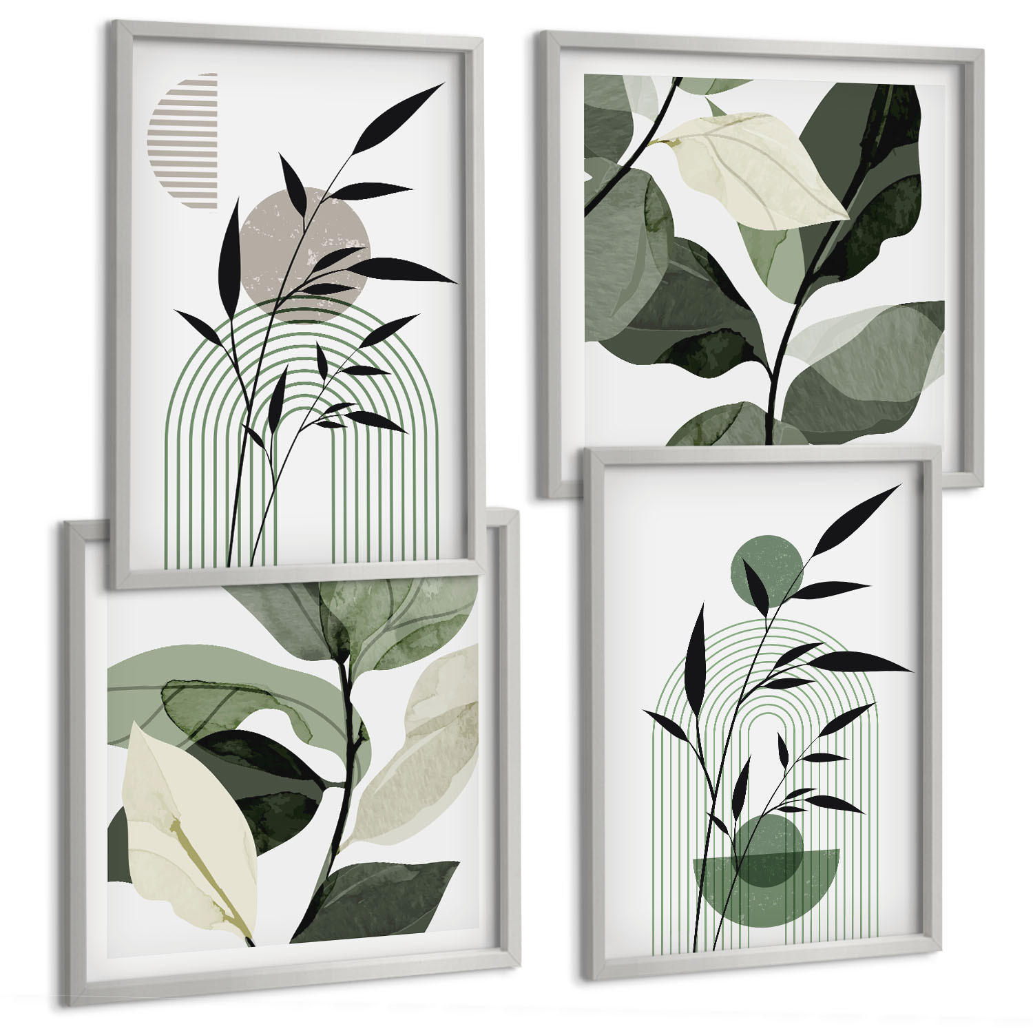 BILDER SET 4er Set - 50x50 cm & 40x60 cm Silberner Rahmen - Boho-Pflanzenkompositionen - Silberfarben, Kunststoff (50/50cm) - TULUP