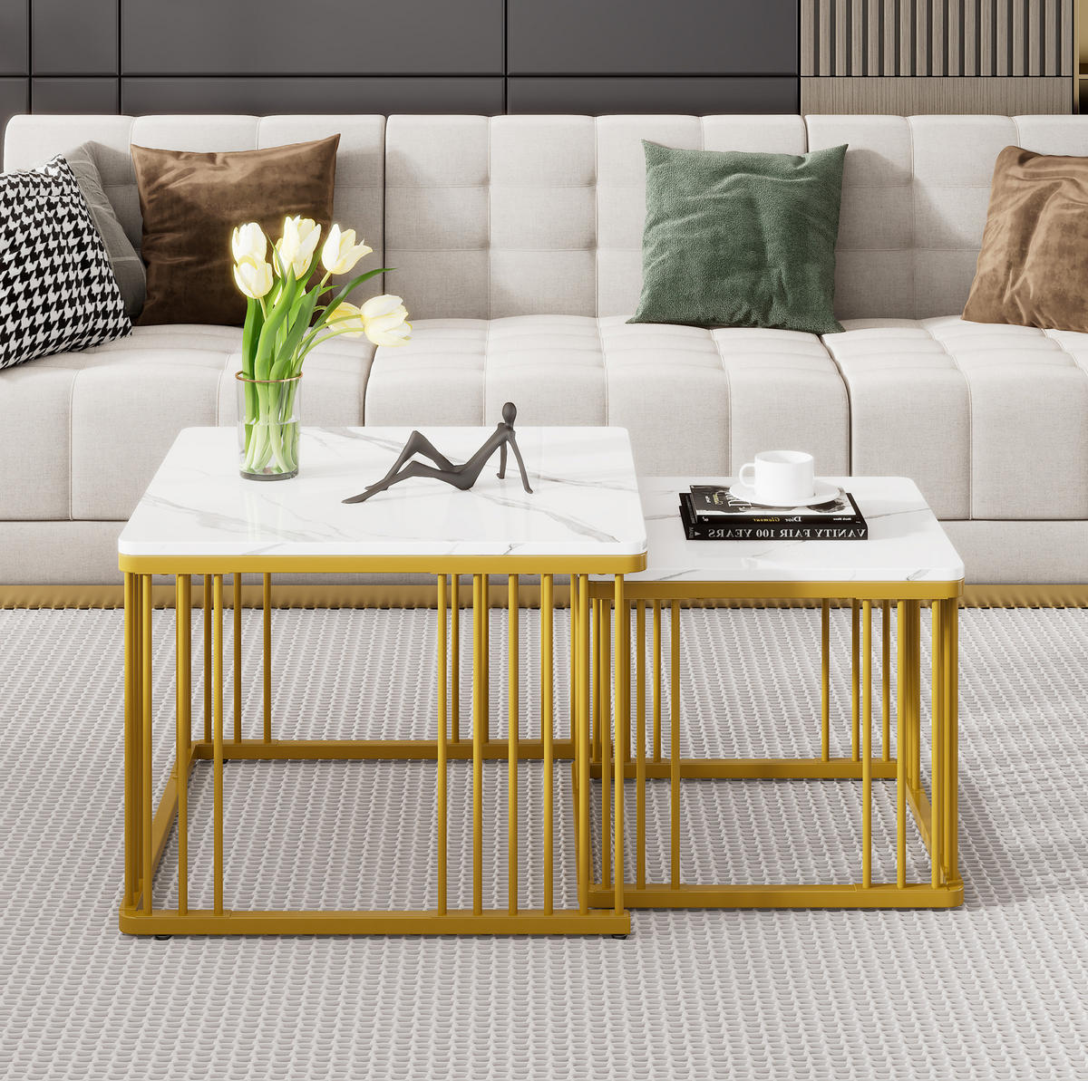COUCHTISCH 2er-Set ineinanderschiebbar 60 x 60/45 x 45 cm Marmoroptik Weiß - Weiß, Metall (60/60/45cm) - Meubliv