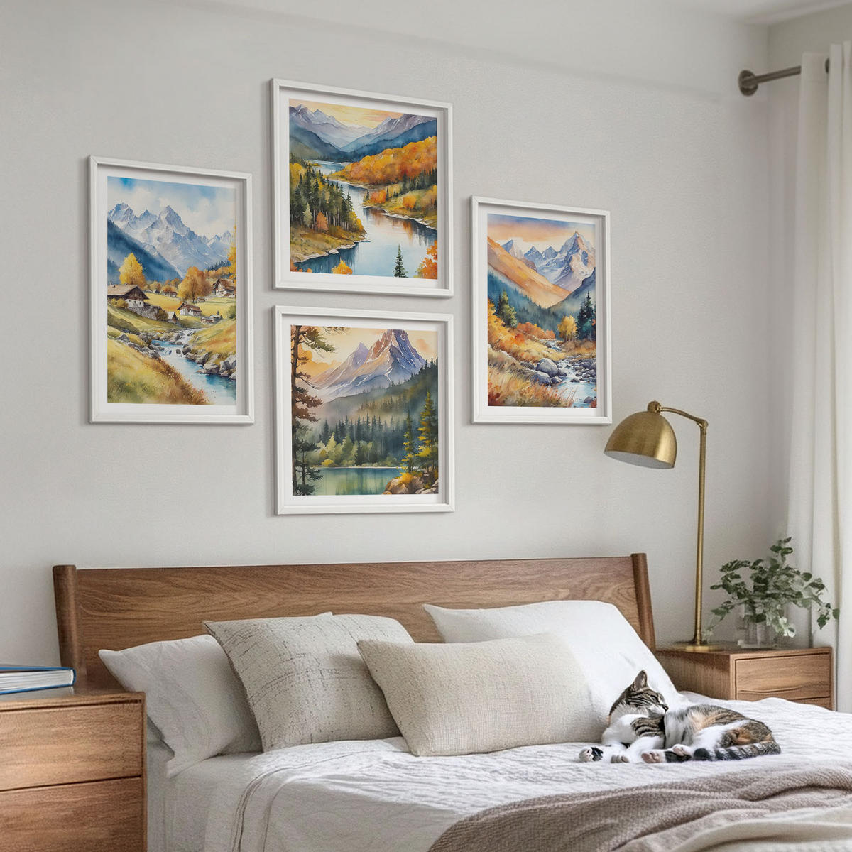 BILDER SET 4er Set - 50x50 cm & 40x60 cm Weißer Rahmen - Berglandschaft, Flusshütten - Weiß, Kunststoff (50/50cm) - TULUP