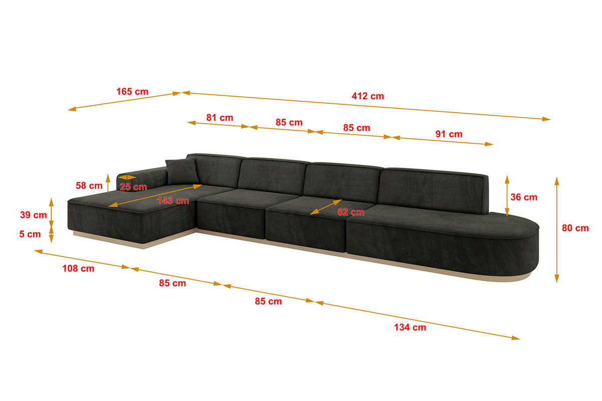 ECKSOFA Ottomane Links IREA-L3 - 412x165x80 cm Schwarz - Schwarz, Holzwerkstoff/Textil (412/165cm) - ALTDECOR