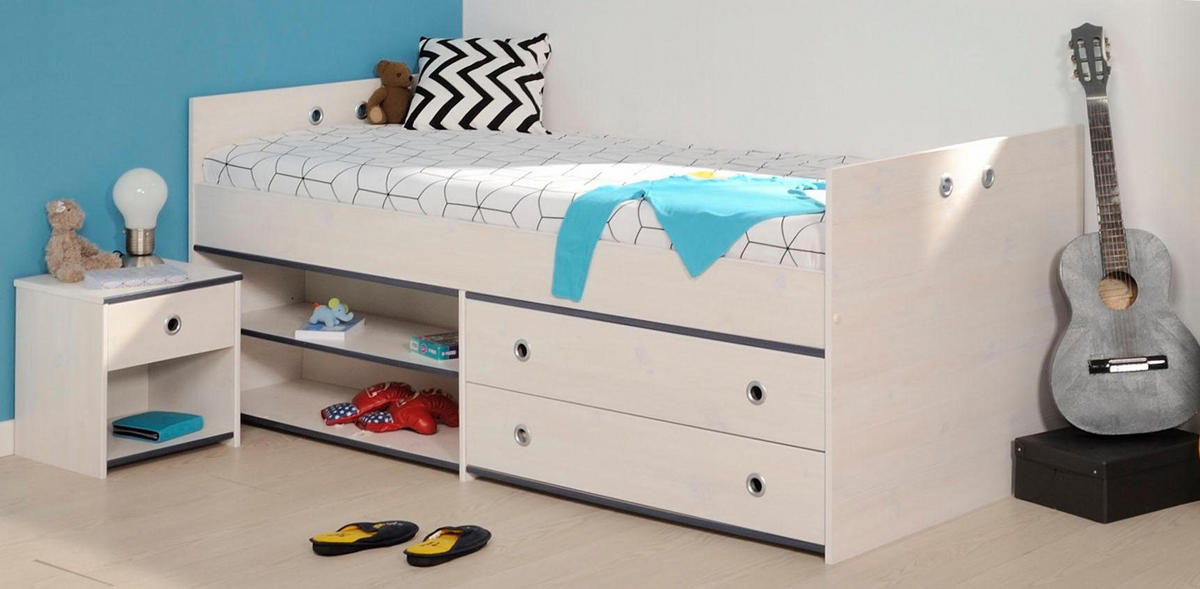 JUGENDZIMMER Set Stauraumbett 90 x 200 Schreibtisch Nachttisch - Silberfarben/Weiß, Holzwerkstoff/Kunststoff (98/80/207cm) - Parisot Meuble