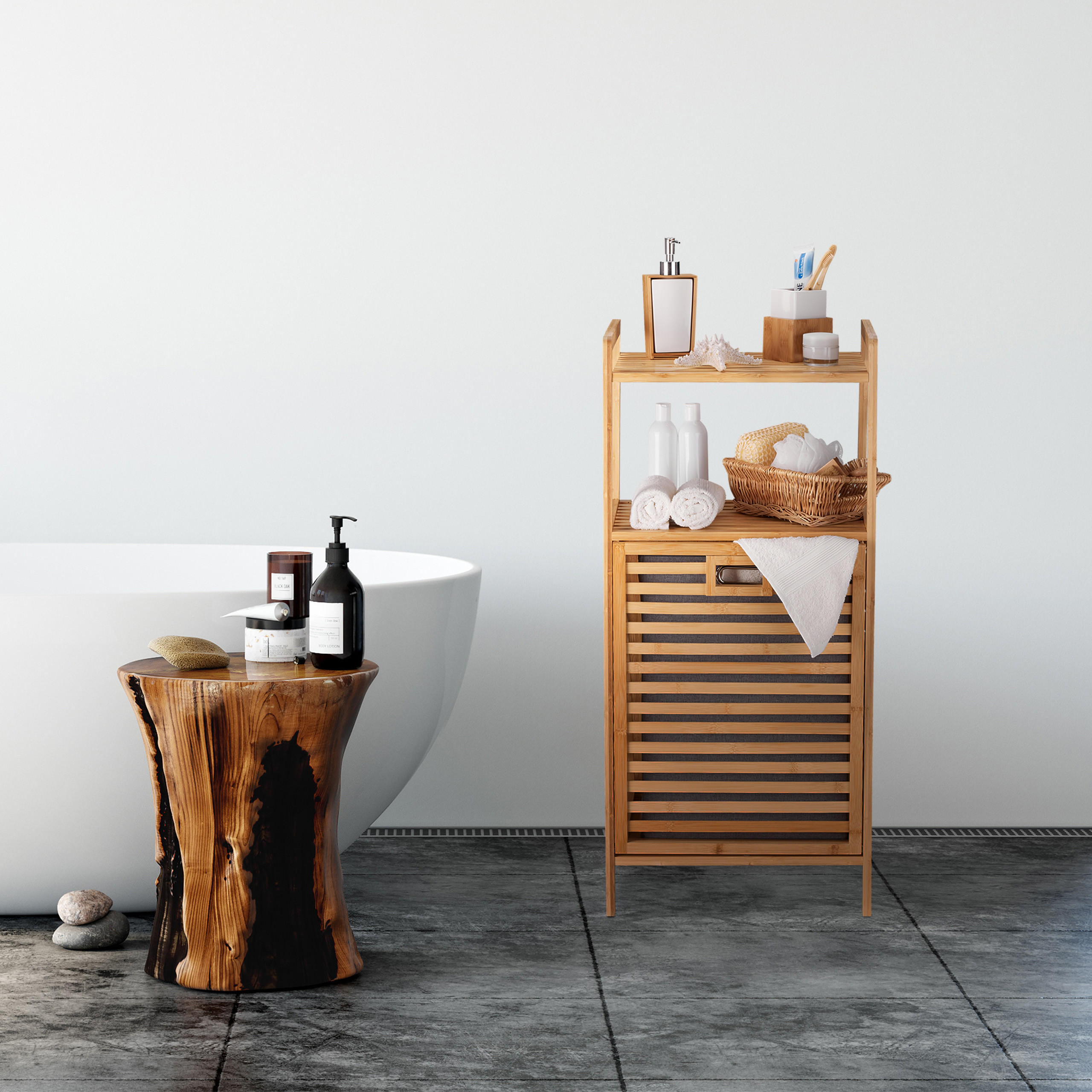 BADREGAL - Hellbraun, Holz/Textil (44/96/33cm) - Relaxdays