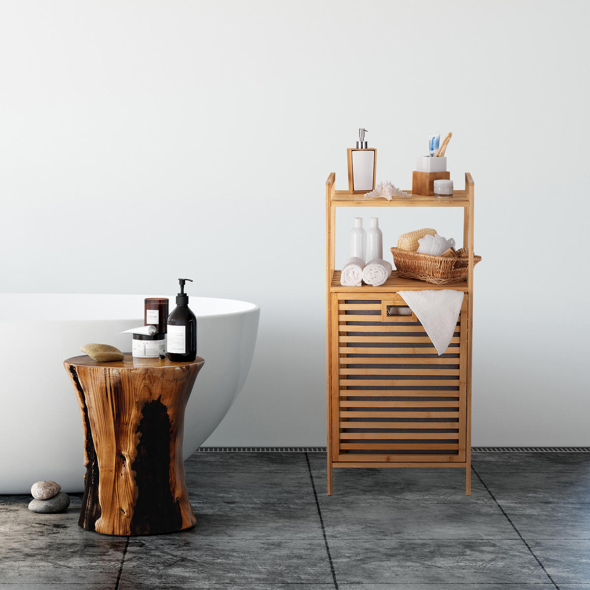 BADREGAL - Hellbraun, Holz/Textil (44/96/33cm) - Relaxdays