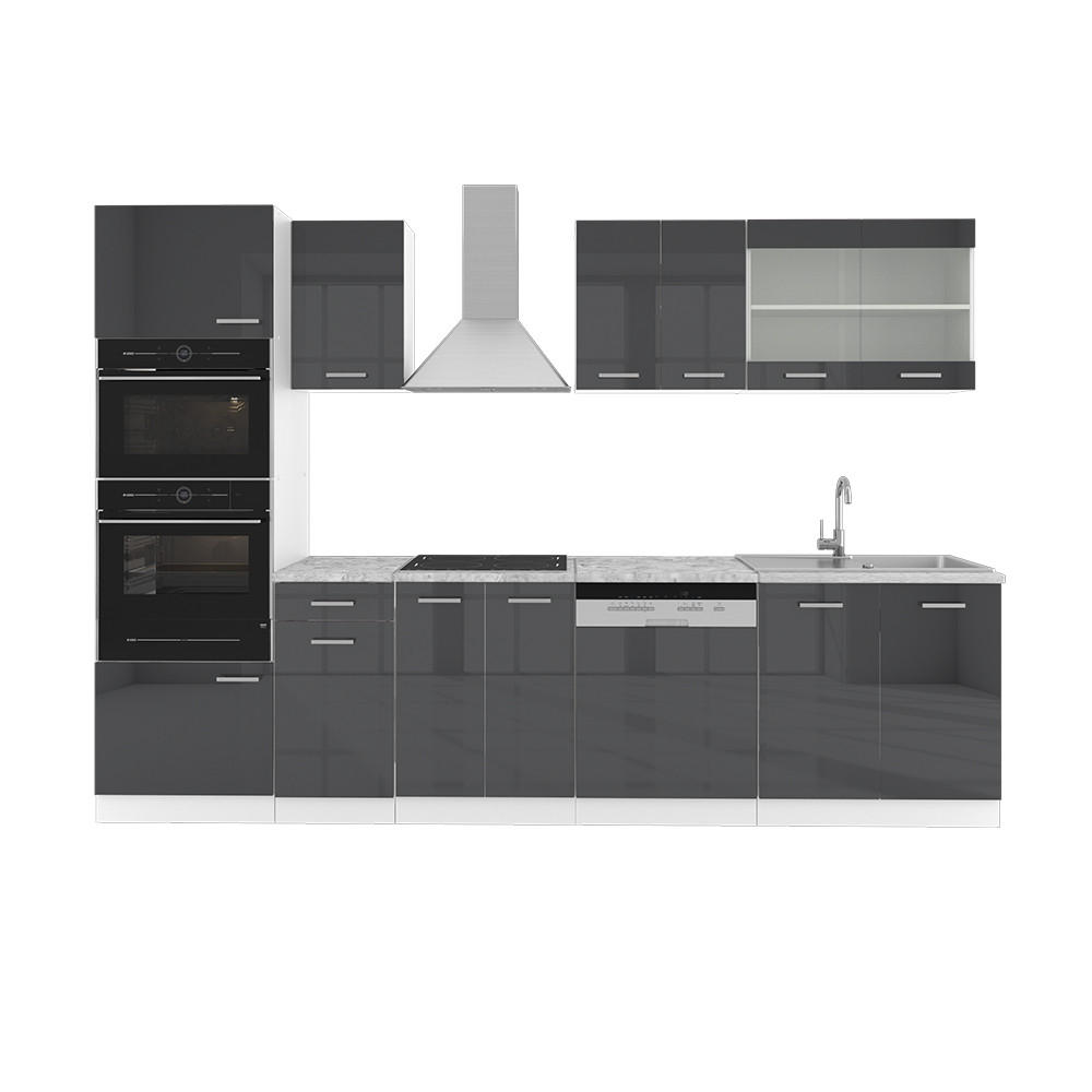 KÜCHENZEILE R-Line Anthrazit Hochglanz/Weiß 300 cm mit Hochschrank AP Marmor - Anthrazit/Weiß, Holzwerkstoff (300/81.6/60cm) - Vicco