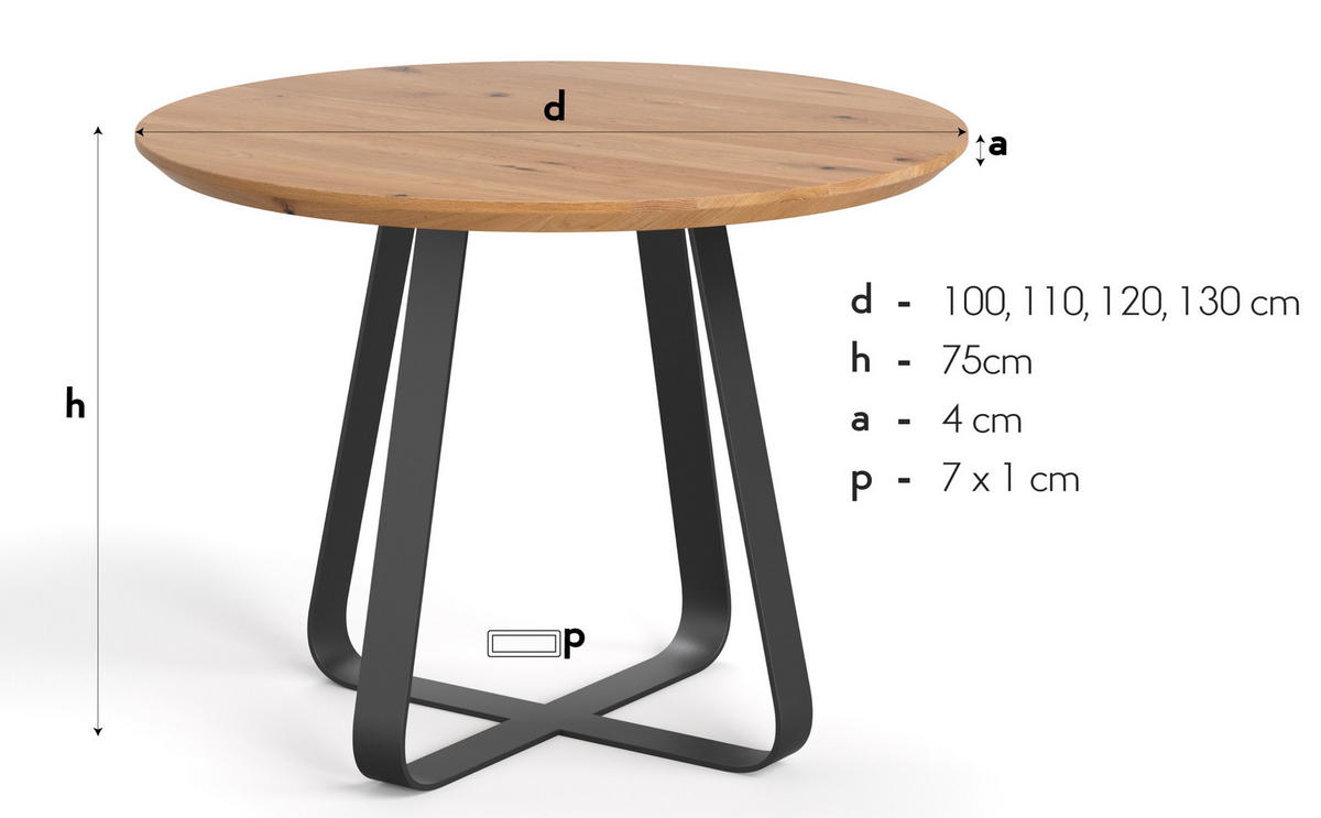 ESSTISCH Loop Runder aus massivem Eichenholz 110 cm - Eichefarben/Schwarz, Holz/Metall (110/110/75cm) - Danzz