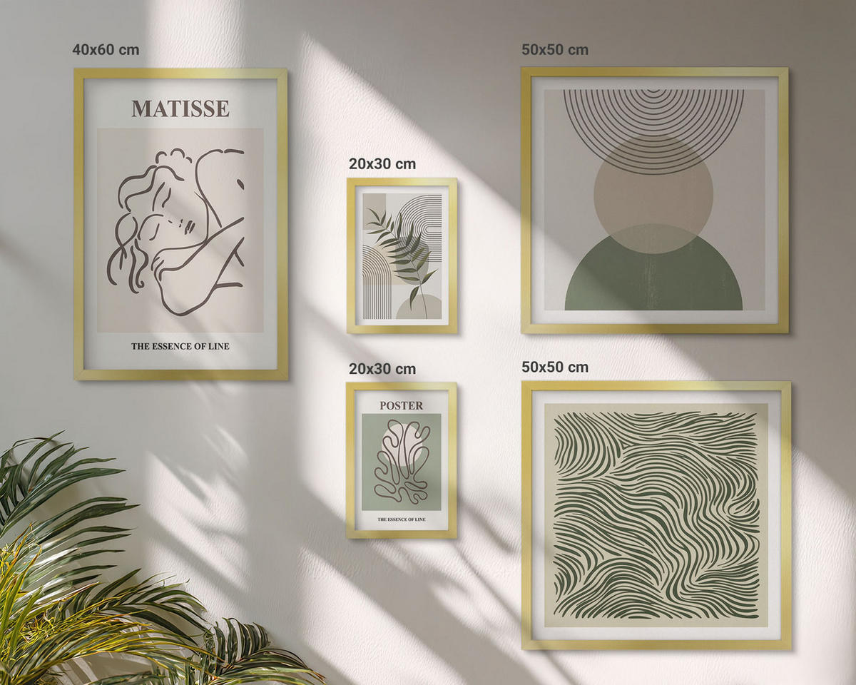 WANDBILDER 5er Set - 50x50 cm & 20x30 cm & 40x60 cm Goldrahmen - Geometrische botanische Muster - Goldfarben, Kunststoff (40/60cm) - ArtPrintCave