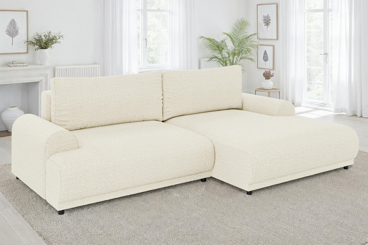 ECKSOFA m.Schlaffunktion, Bettkasten, extrabreite Ottomane rechts, abgerundete Armlehnen, B240/T145/H81 cm, Bezug Bouclé-Charakter Beige Creme / 21027 - Beige/Creme, Kunststoff/Textil (240/145cm) - luma-home