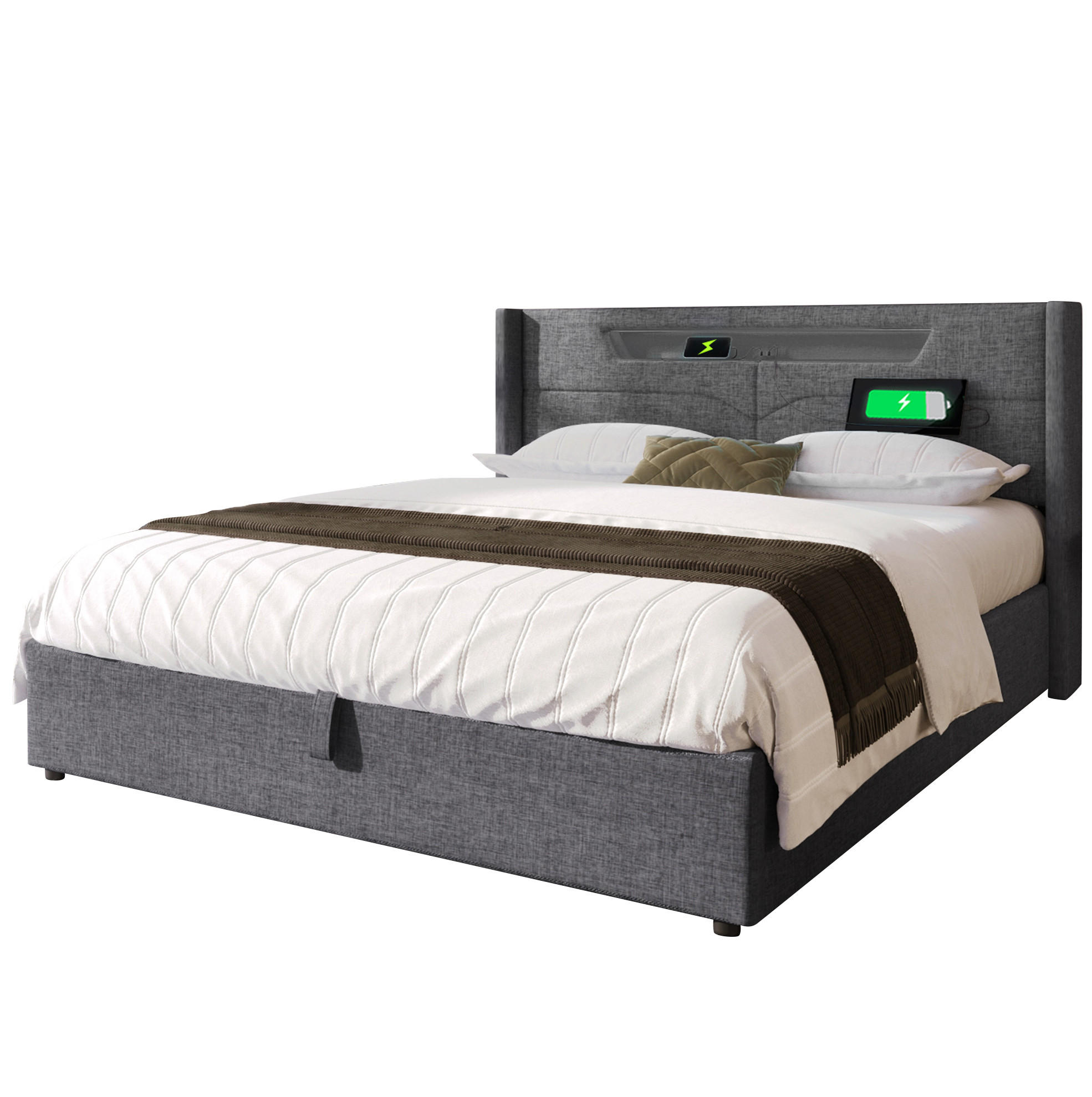POLSTERBETT 160/200 cm mit LED-Beleuchtung, USB- und Type-C-Anschluss sowie Bettkasten, Grau - Grau, Textil (160/200cm) - Redom