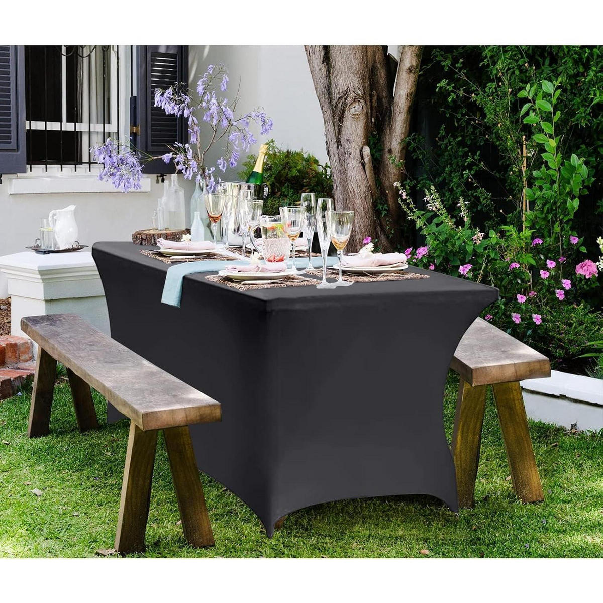 TISCHDECKE Spandex Grau 183 x 76 cm - Schwarz, Textil (183/76/1.5cm)