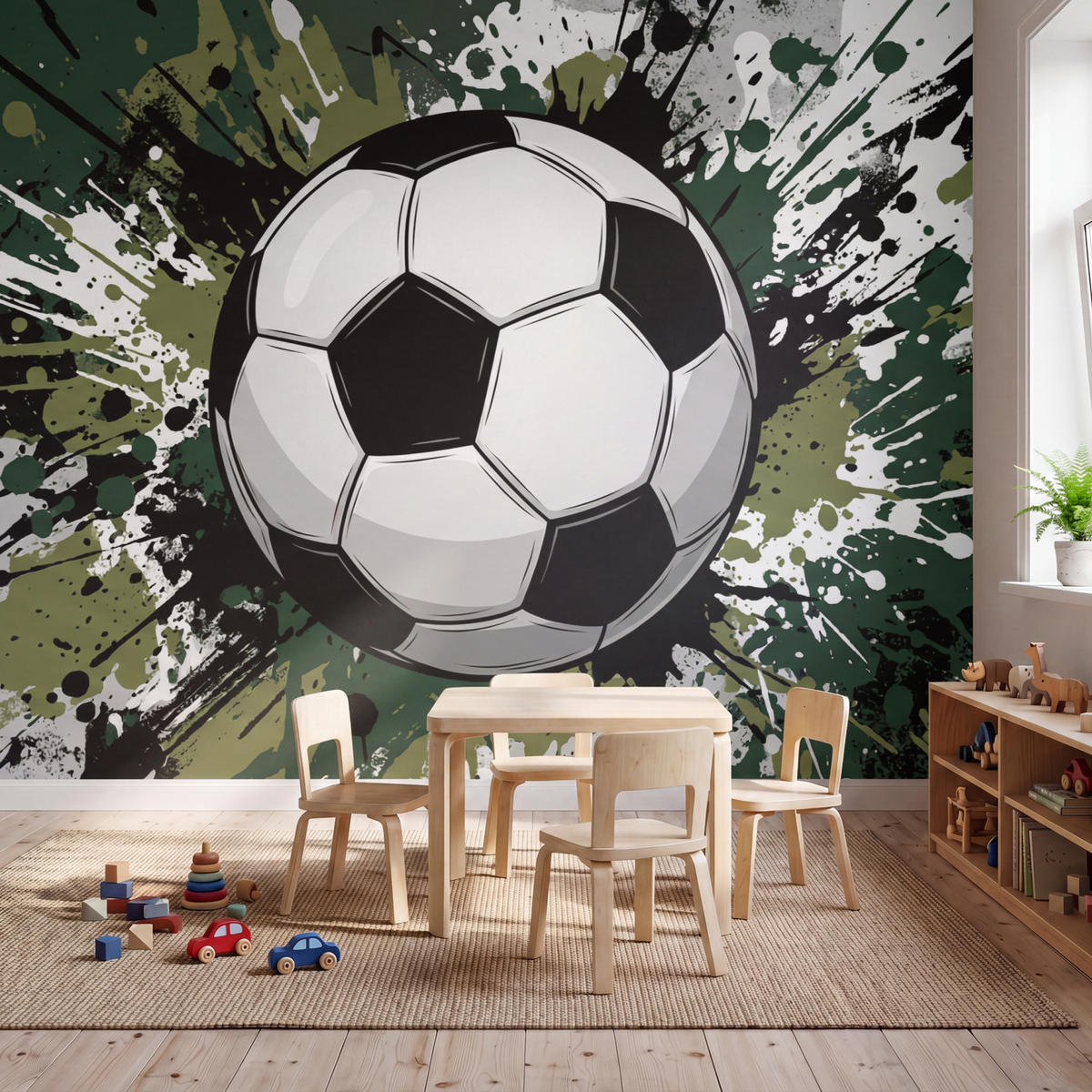 KINDERTAPETE - Fußball - Farbe - Spritzer - Grün - 350x300 cm - Dunkelgrün, Papier (350/300cm) - OnlyWow