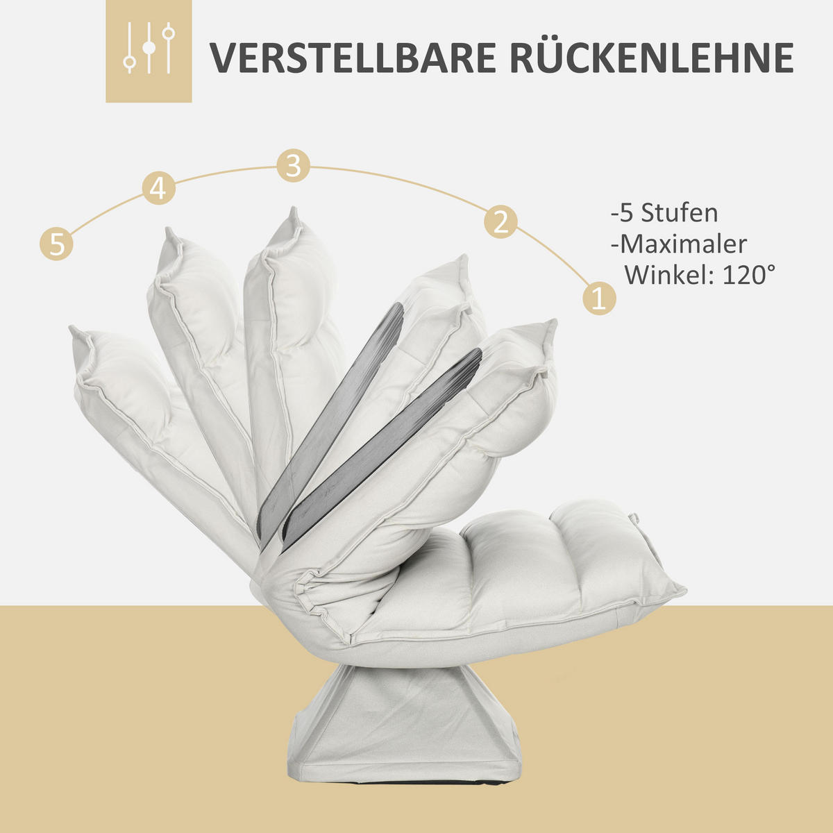 BODENSOFA Bodenstuhl mit Verstellbarer Lehne, Drehbarer Meditationsstuhl Grau - Hellgrau, Metall (70/95/62cm) - HOMCOM