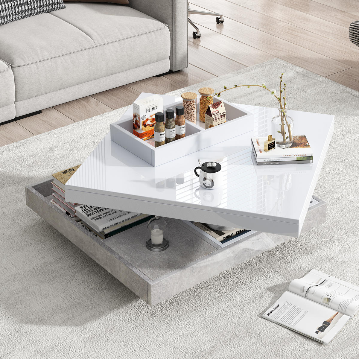 COUCHTISCH Weiß/Marmoroptik 70/70/36 cm drehbar - Weiß, Holzwerkstoff (70/70/36cm) - PANGIVO