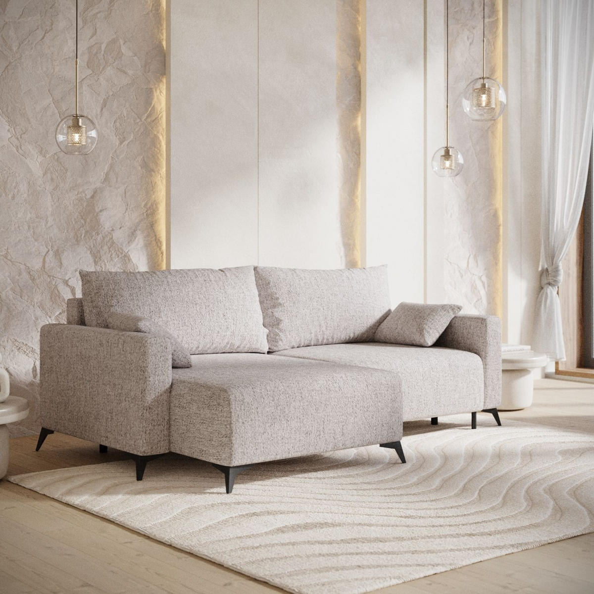 ECKSOFA NUVIO mit Schlaffunktion Beige im Neve Stoff - Beige/Schwarz, Holz/Holzwerkstoff (239/148cm) - AltaBeds