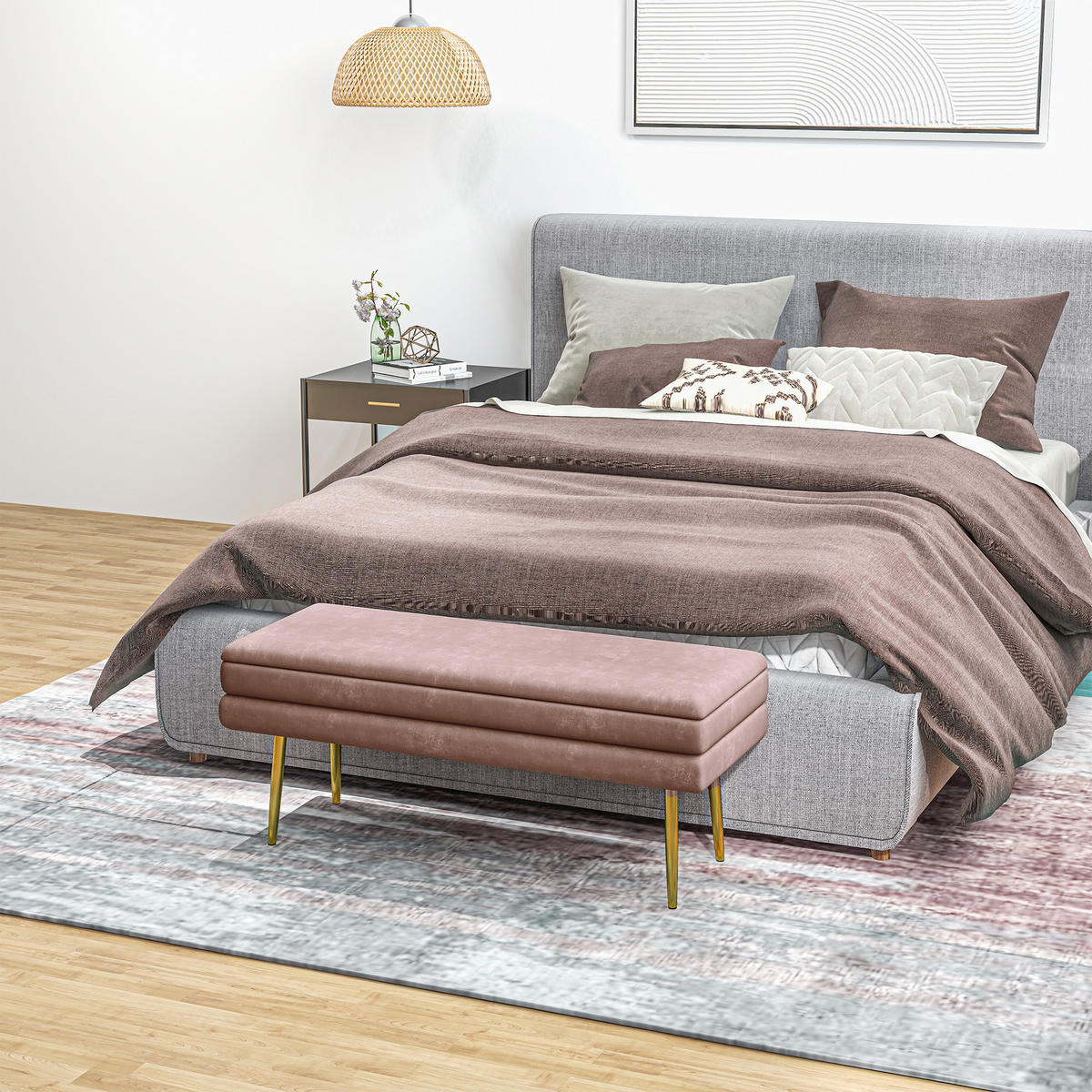 SITZBANK, Polsterbank mit Stauraum, Samtoptik, Bettbank mit Stahlbeine, Rosa - Rosa, Kunststoff (37.5/42/100cm) - HOMCOM
