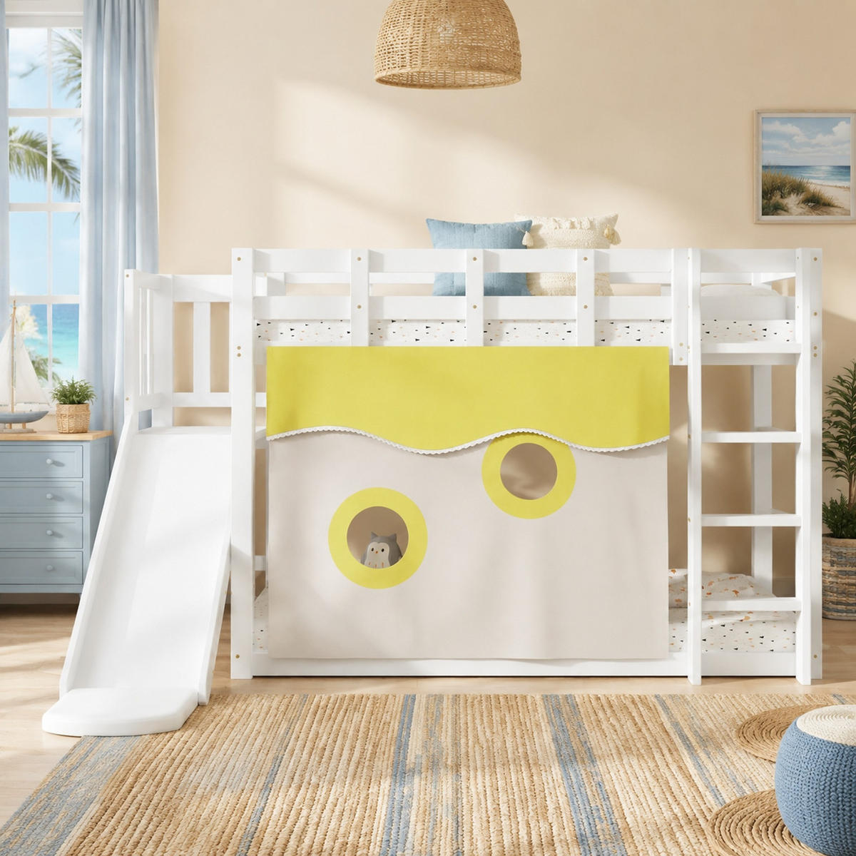 ETAGENBETT 90/200 mit Rutsche, Bettvorhang und Fallschutz in Weiß - Weiß, Holzwerkstoff (90/200cm) - EVRYAE