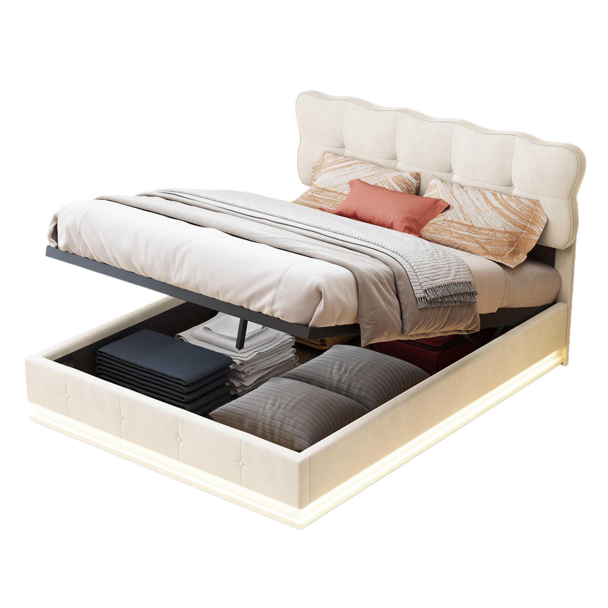 POLSTERBETT 140/200cm, mit LED, hydraulischem Stauraum, Lattenrost, gepolstertem Bett aus Samt, Beige - Beige, Holzwerkstoff (140/200cm) - Brevoria