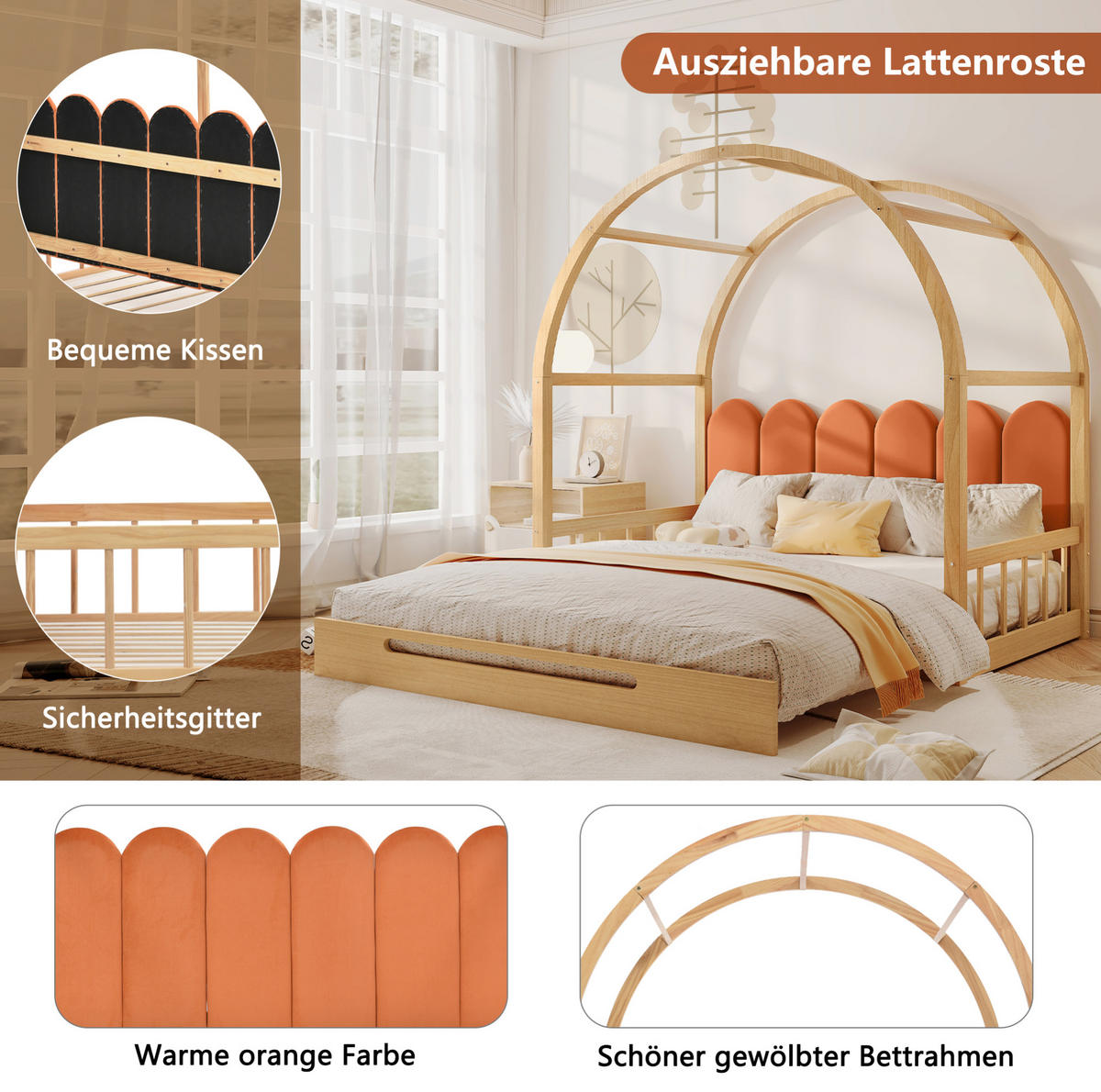 KINDERBETT aus Kiefer 140x200 cm Natur mit ausziehbarer Liegefläche, Matratze und gewölbtem Dachrahmen - Naturfarben, Holzwerkstoff (140/200cm) - Modfu
