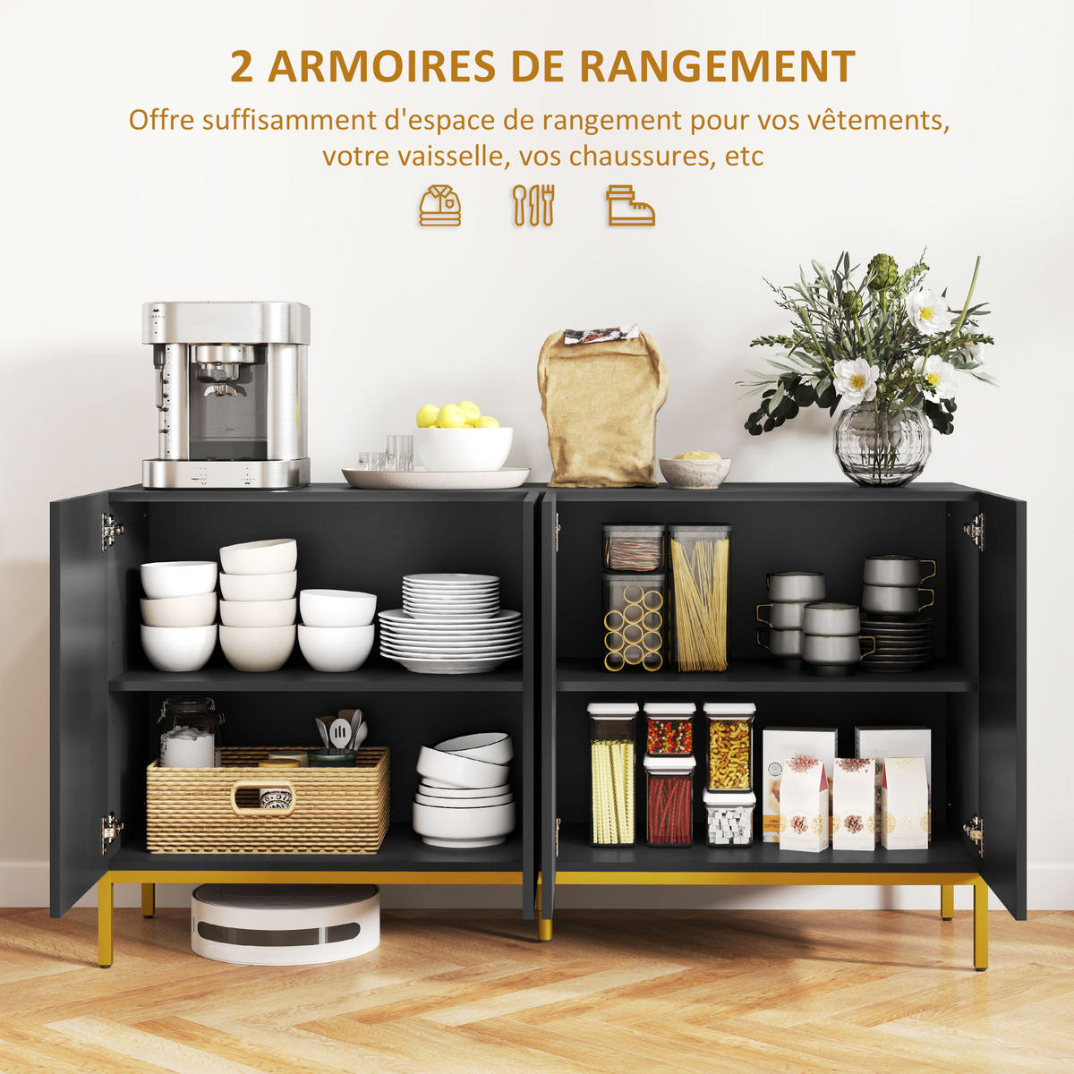 SIDEBOARD Schwarz und Goldfarben, 4 Türen, 140/40/75 cm - Schwarz, Holz (140/75/40cm) - PANGIVO