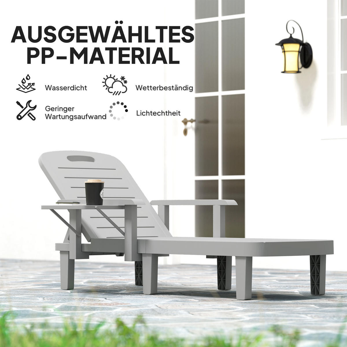 SONNENLIEGE mit Seitentisch Holzoptik - Hellgrau, Kunststoff (158/88/79cm) - Outsunny