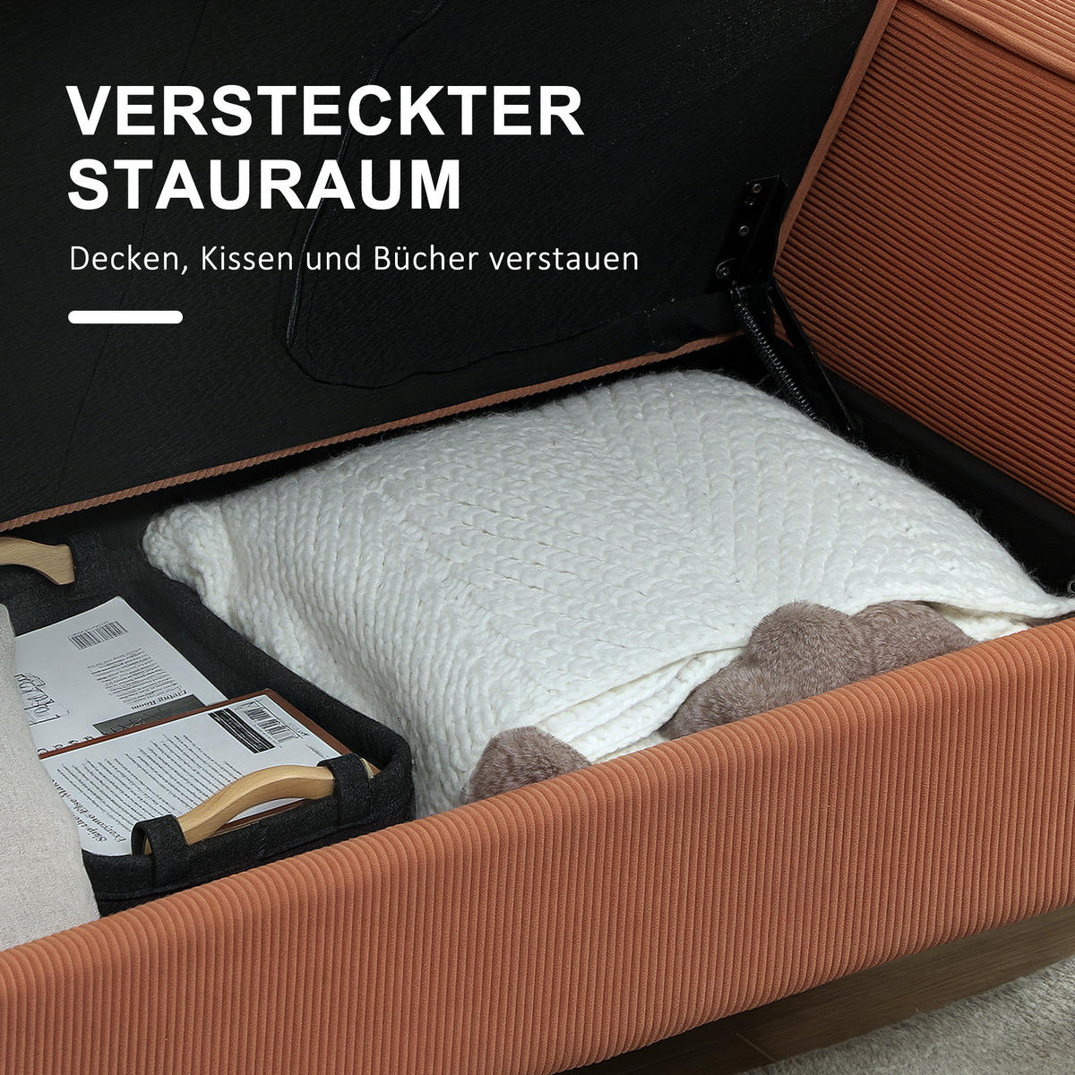 SOFA 2 Sitzer klein Couch mit Armlehne, Stauraum für Wohnzimmer, Orange - Orange/Naturfarben, Holz/Textil (63/79/117cm) - HOMCOM